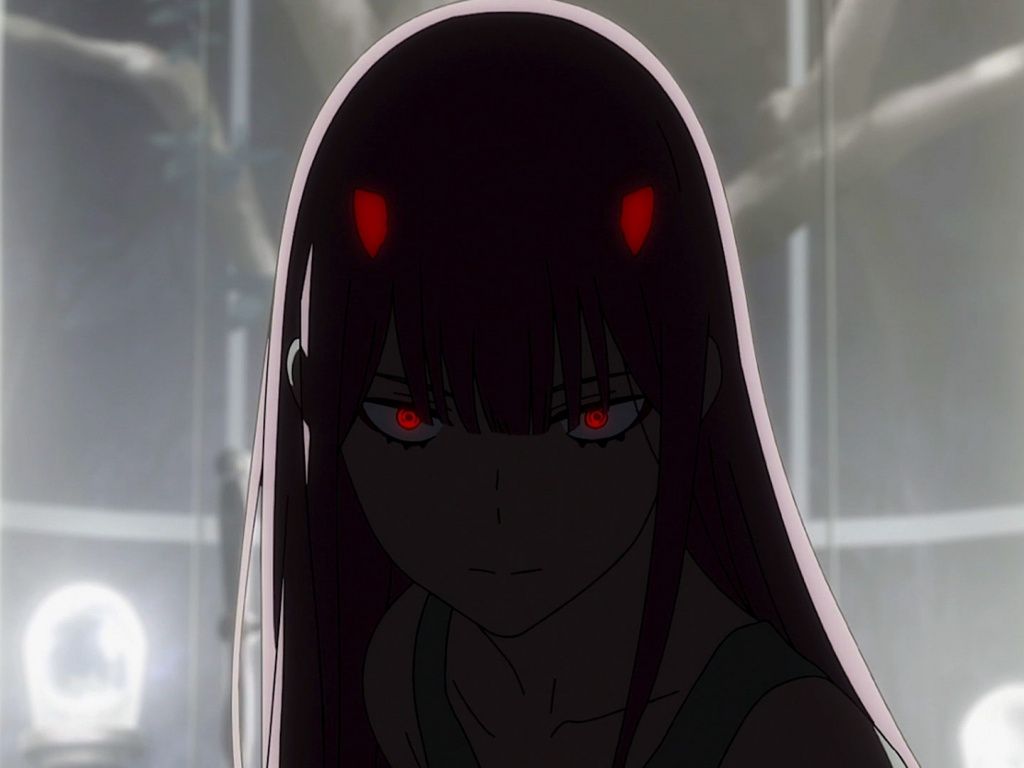 Desktop wallpaper dark, red eyes, zero two, anime girl, HD image