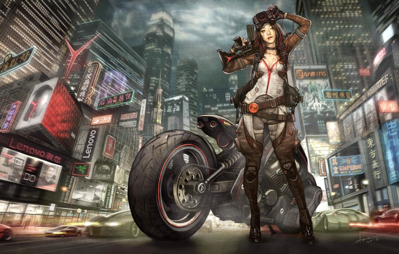 Wallpaper Girl, The city, Asian, Girl, Motorcycle, City, Moto