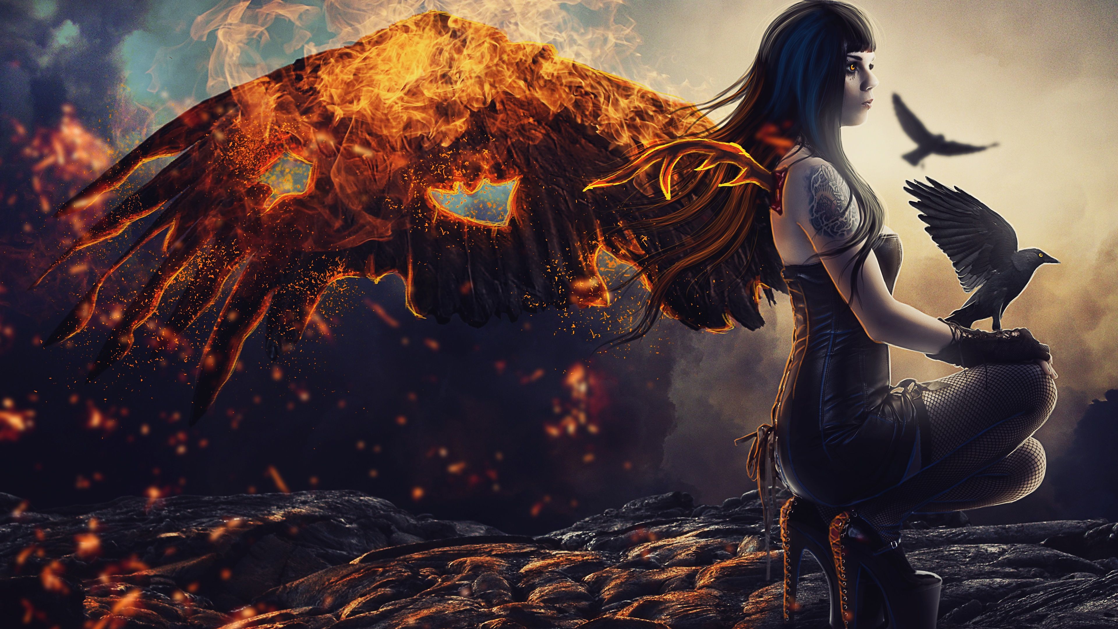 Wallpaper Fantasy girl, fallen angel, wings, fire, raven 3840x2160