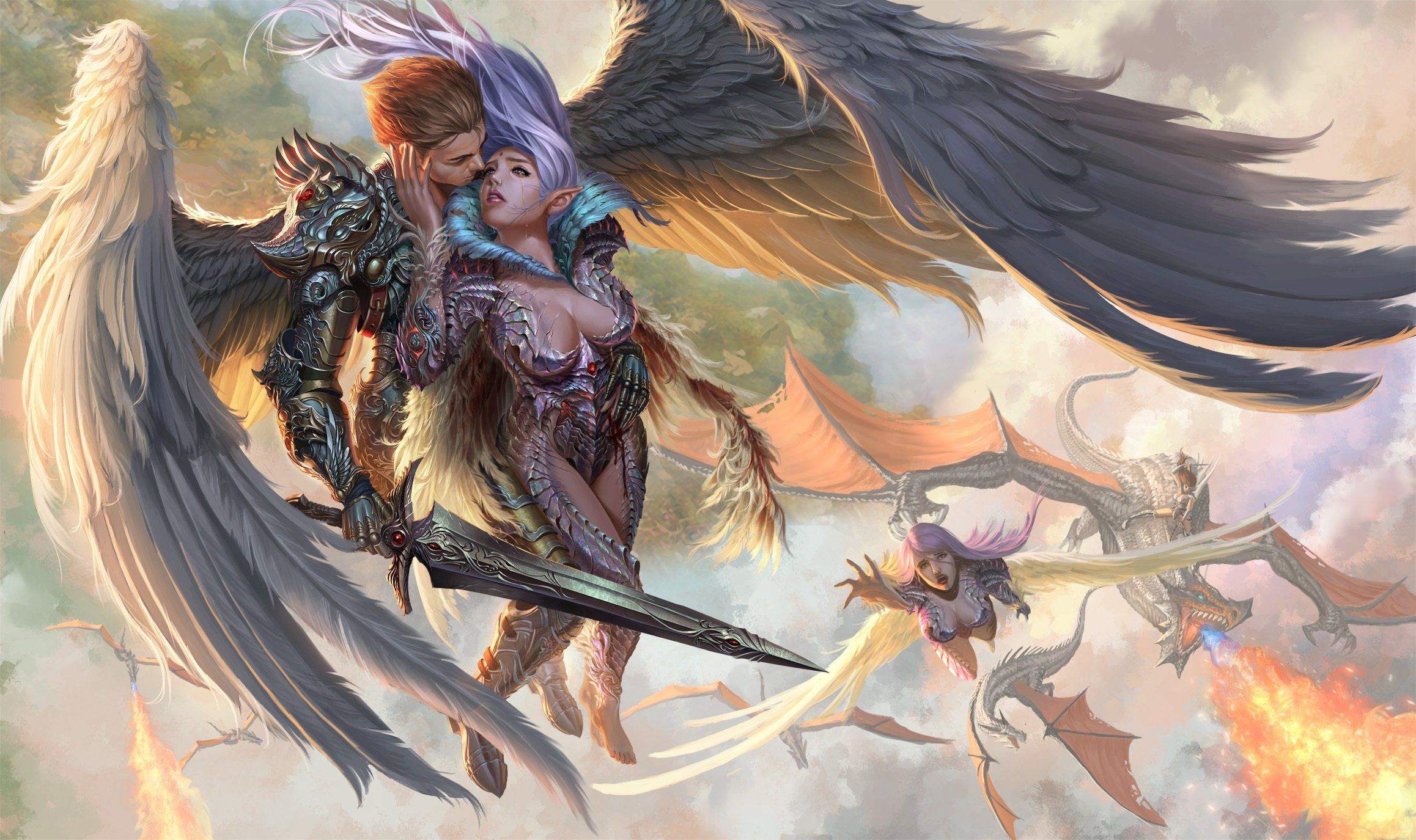 Angel Battle Dragon Love Fire Hug Wings Games Fantasy warrior love