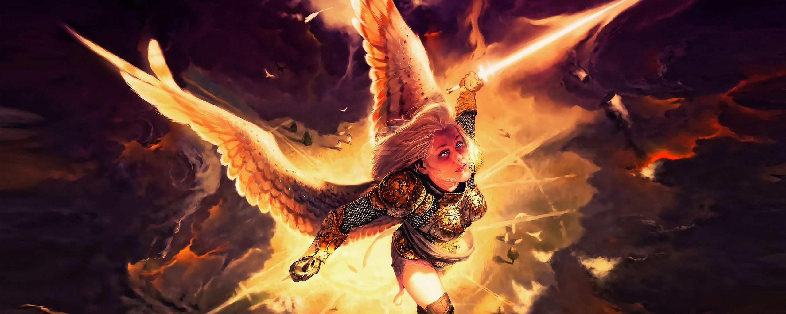Gold Angel Fantasy Girl With Wings 4k 2560x1024