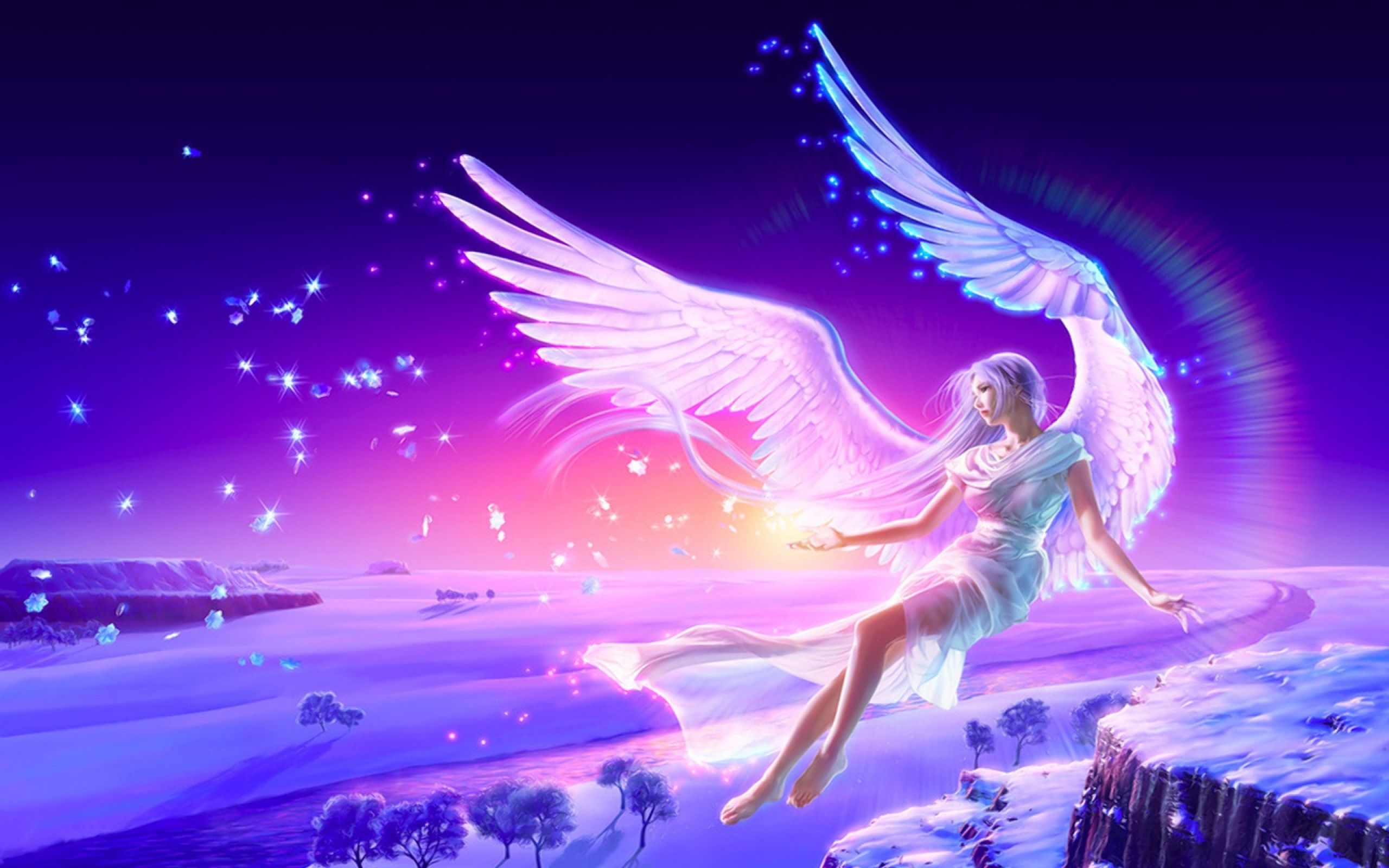 White Angel Blue Girl with Angel Wings Flying Fantasy Art Ultra HD