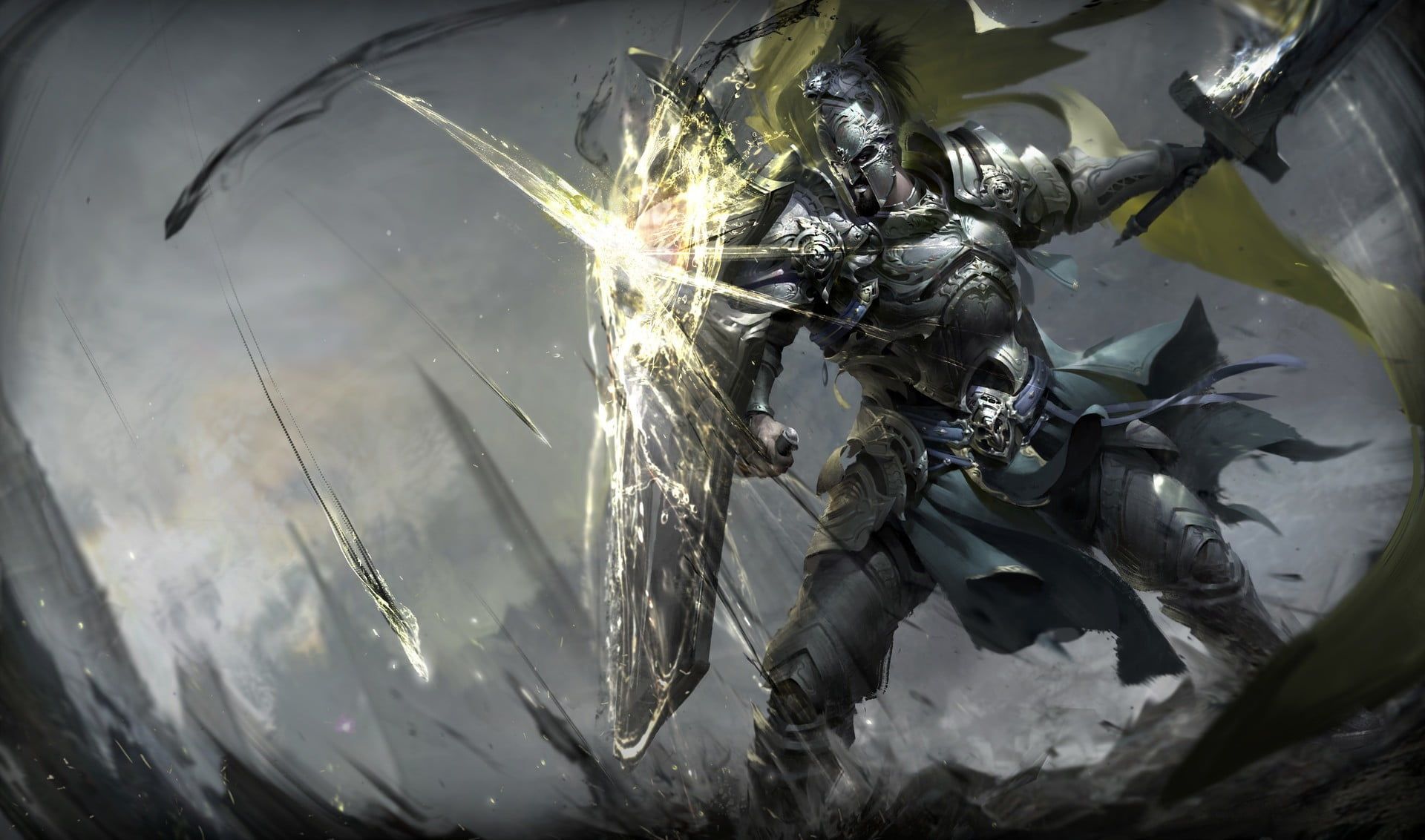 Knight holding sword and shield digital wallpaper, warrior, fantasy art HD wallpaper