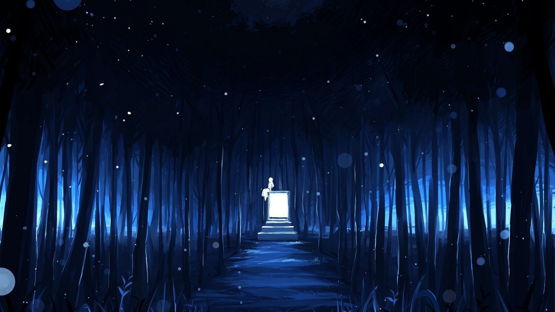 Download 1920x1080 Anime Landscape, Dark Forest, Stars, Moon