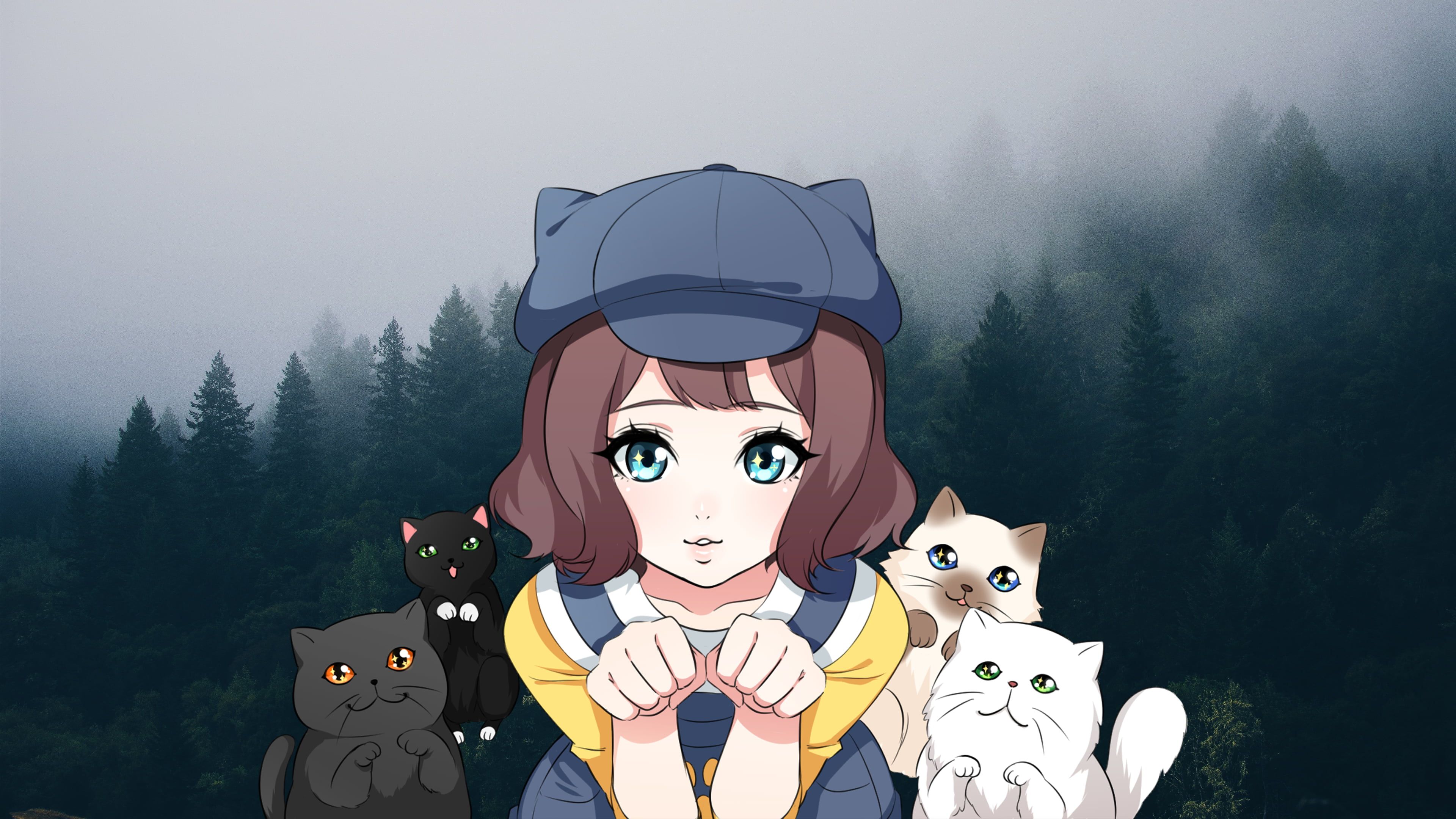Brown Haired Female Anime Character, Tokyo Dark, Anime, Cat, Forest HD Wallpaper