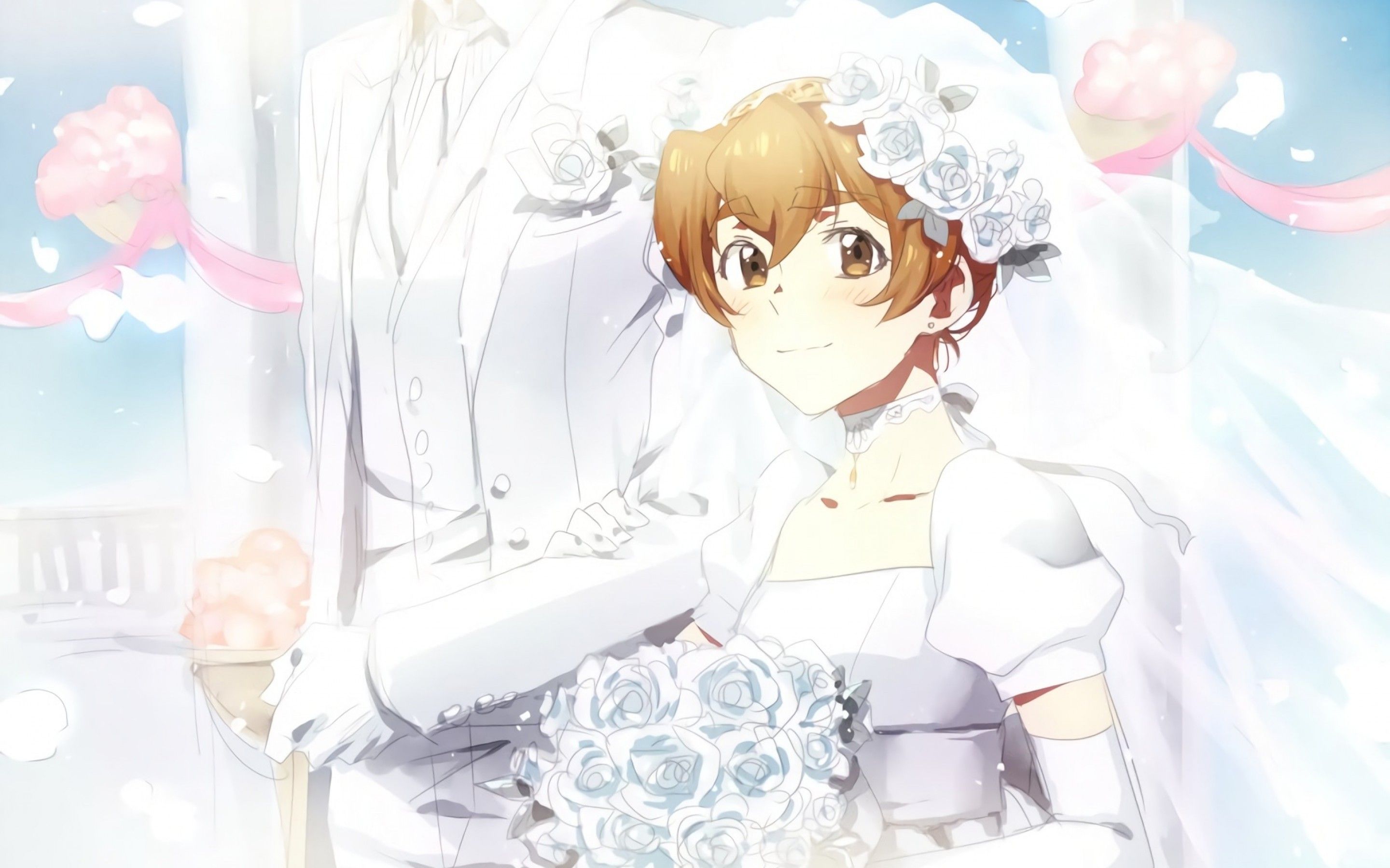 Download 2880x1800 Anime Couple, Weddinh, Bride, Groom, Flowers