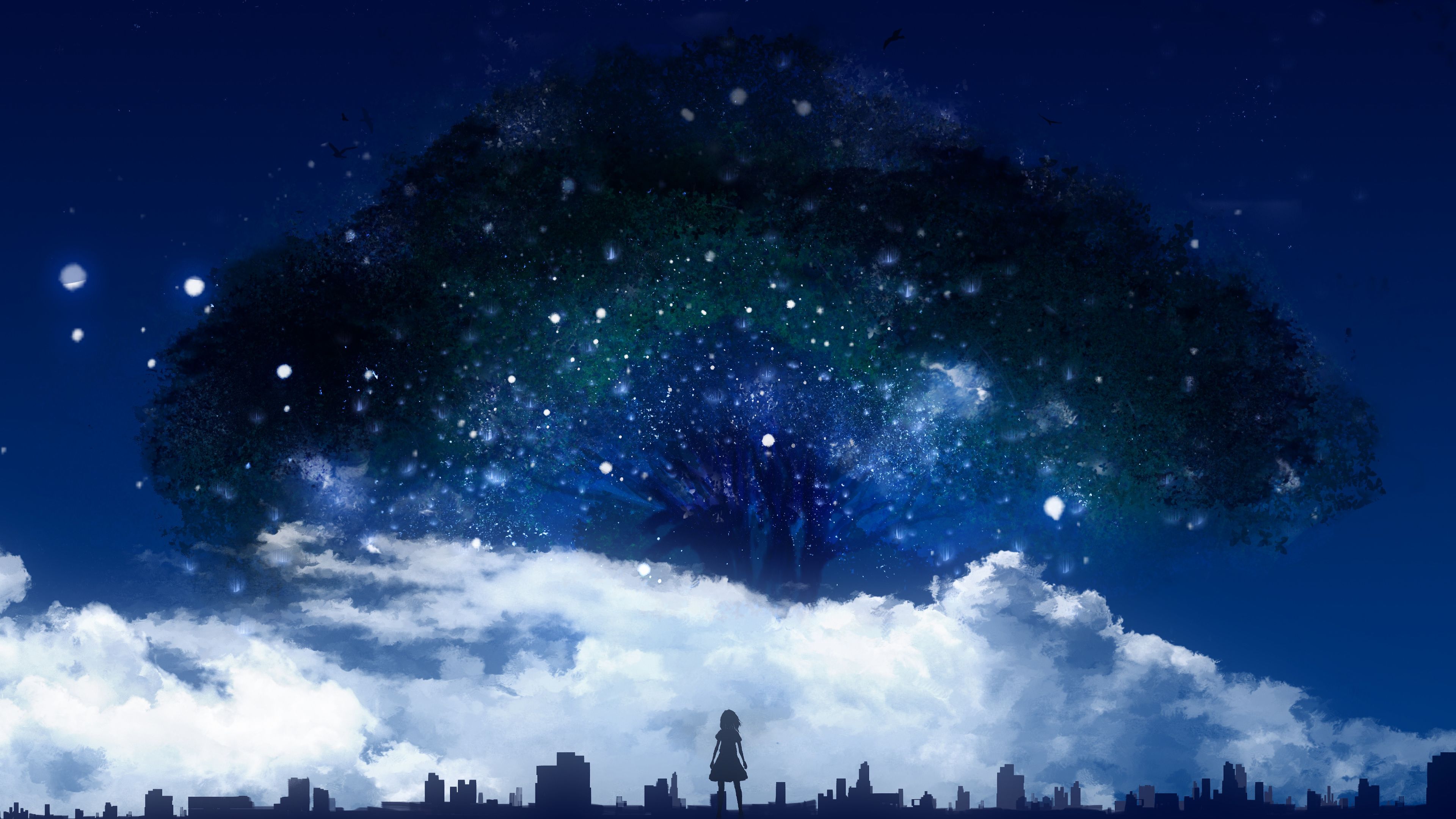 Night Trees Nature Scenery Anime 4K Wallpaper