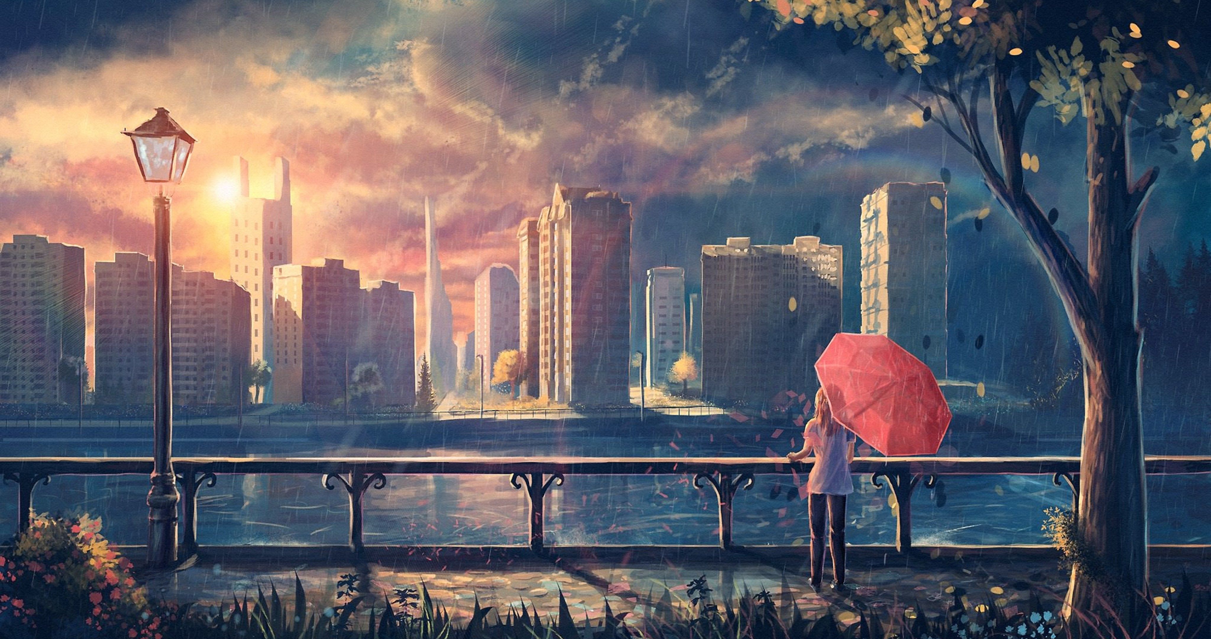 Anime Girl Cityscape Umbrella Trees, HD Anime, 4k Wallpaper