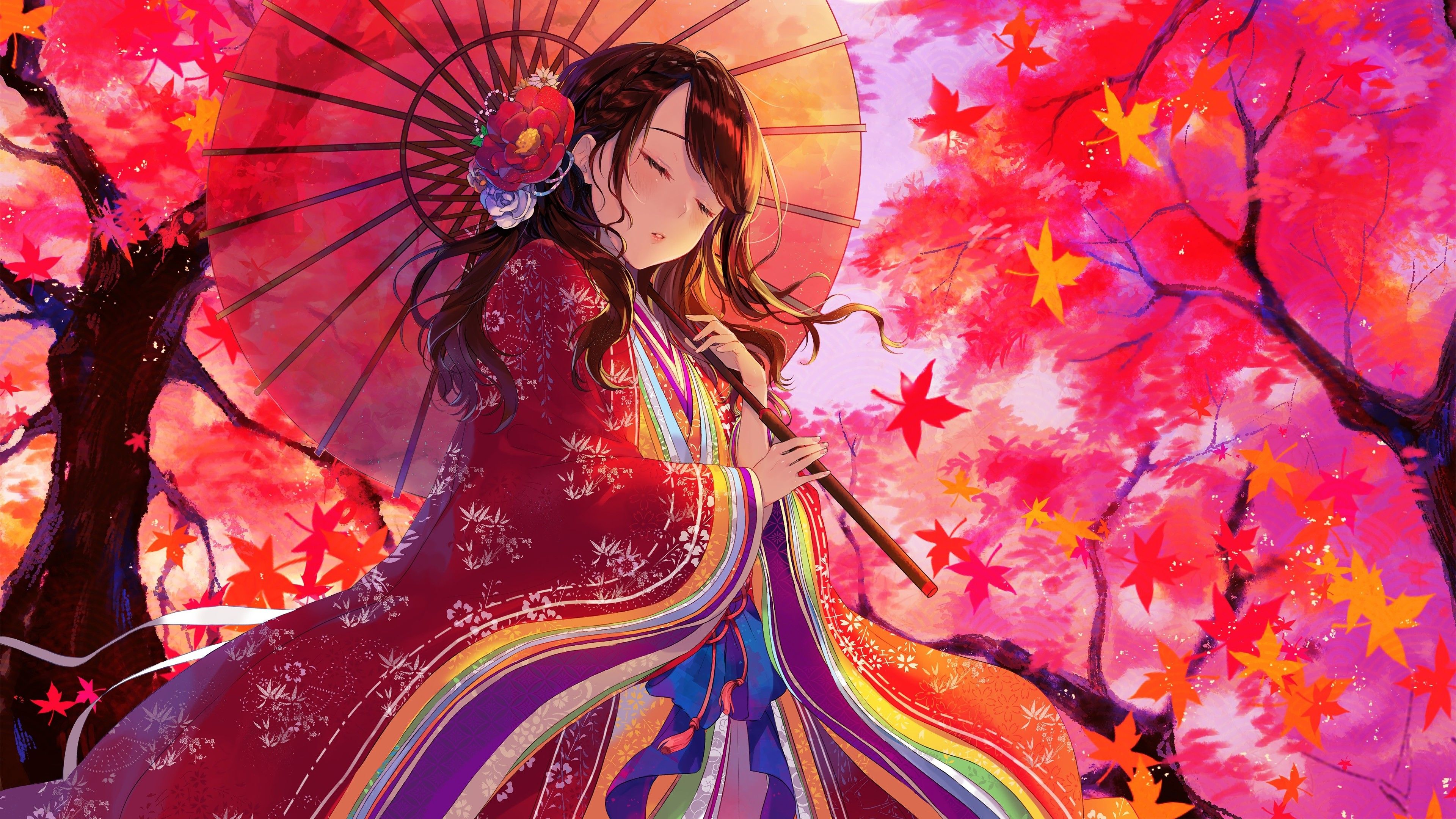 Anime Girl Kimono Maple Trees Autumn 4K Wallpaper