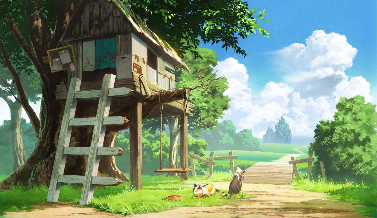Anime landscape tree house cats clouds scenic wallpaper