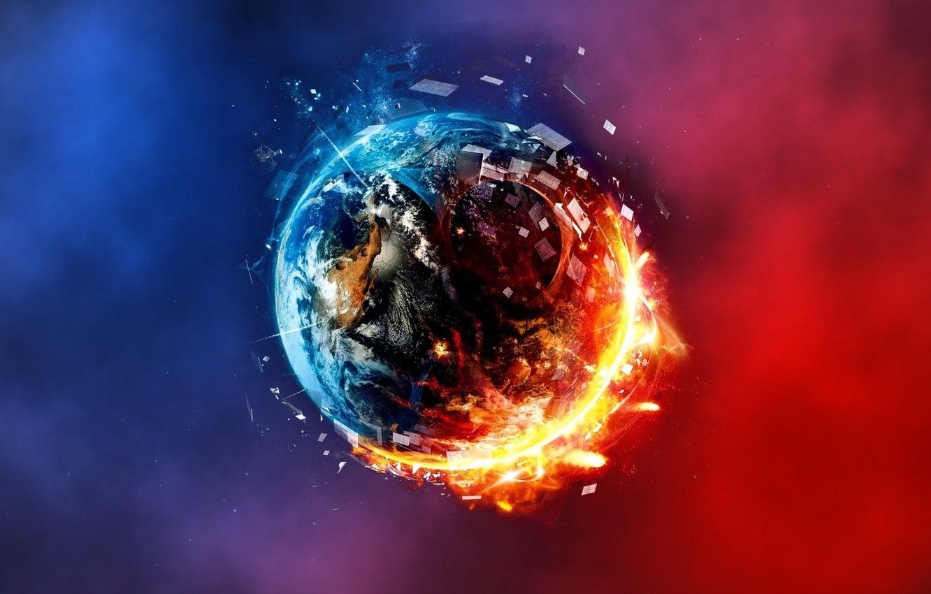 Wallpaper abstract, planet, fire and ice, red and blue image