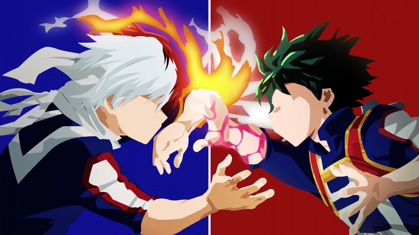 Download wallpaper green, fire, red, flame, ice, blue, anime