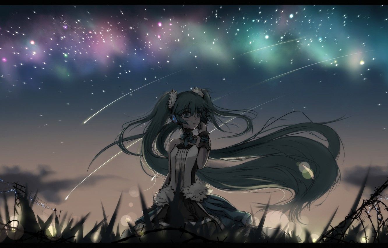 Wallpaper the sky, girl, stars, night, wire, anime, headphones