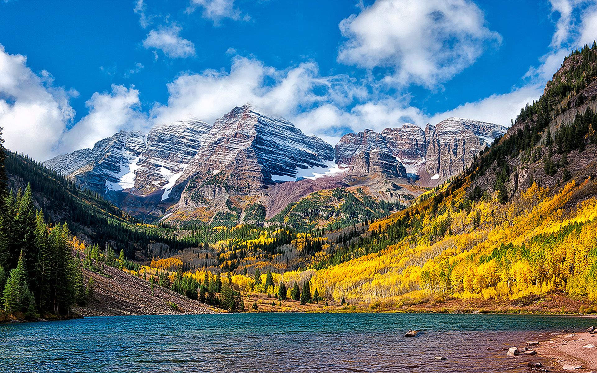 Wonderful Autumn Landscape Mountain Lake Birch And Pine Forest With Yellow And Green Leaves, Rocky Mountains With Snow Blue With White Clouds Maroon Bells Elk Mountains Aspen Colorado, Wallpaper13.com