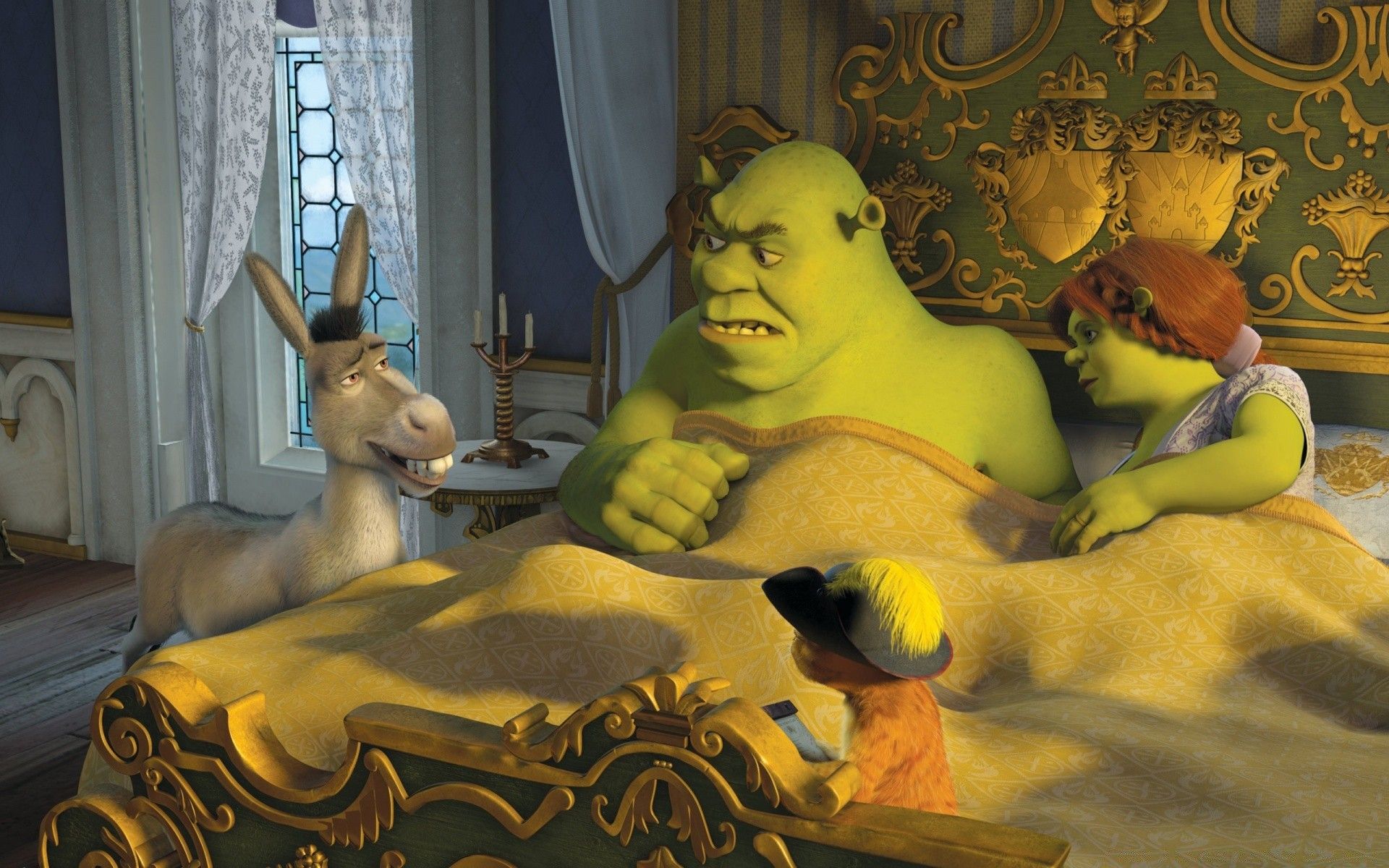 Donkey, Puss in Boots, Shrek and Princess Fiona