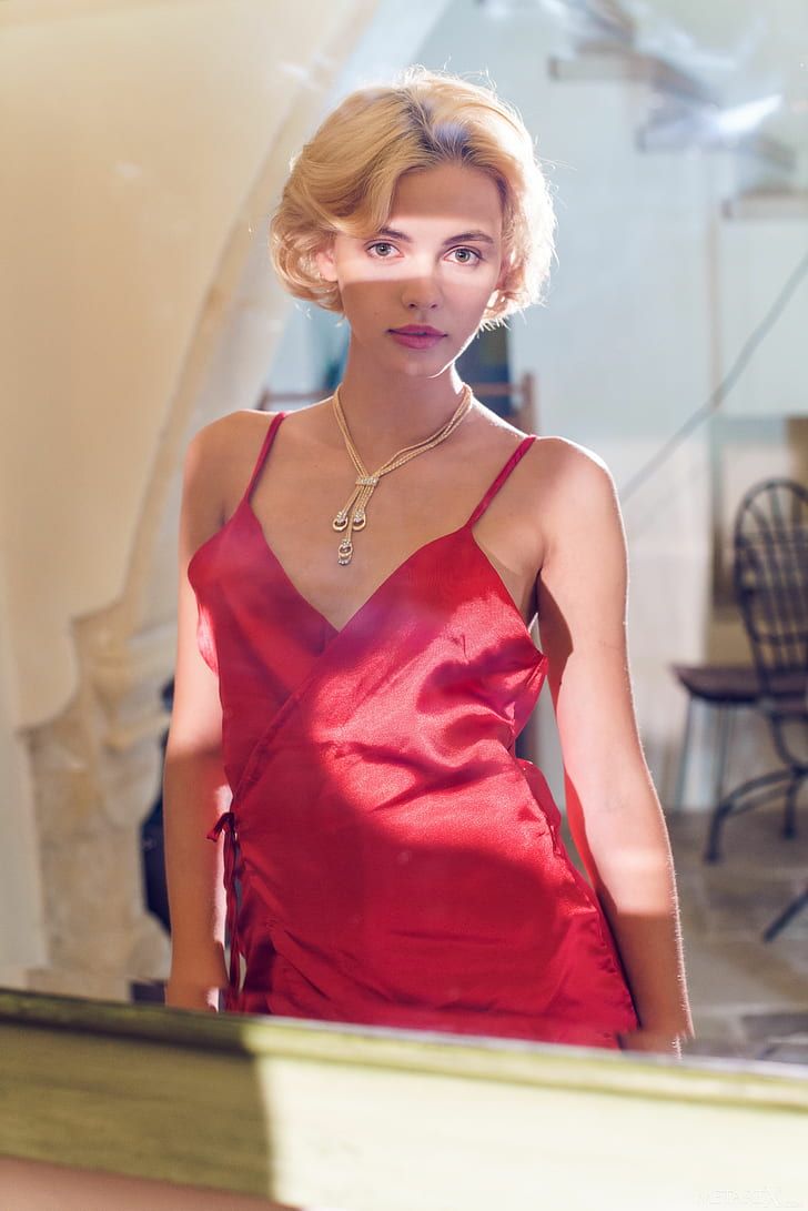 HD wallpaper: women, blonde, room, short hair, red dress, necklace