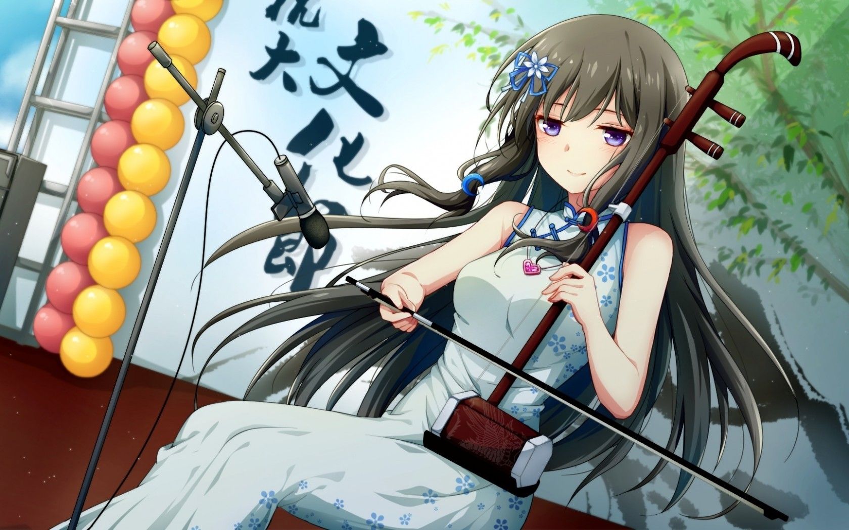 Download 1680x1050 Anime Girl, Chinese Dress, Instrument, Black