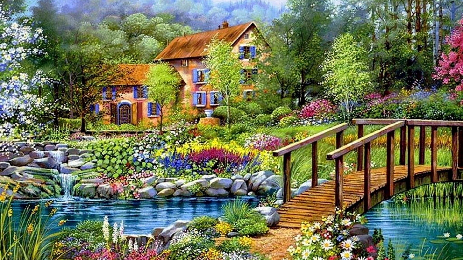 Flowers, Beautiful, Cottage, Flowers, Paintings, Lake, Sky, Bridge