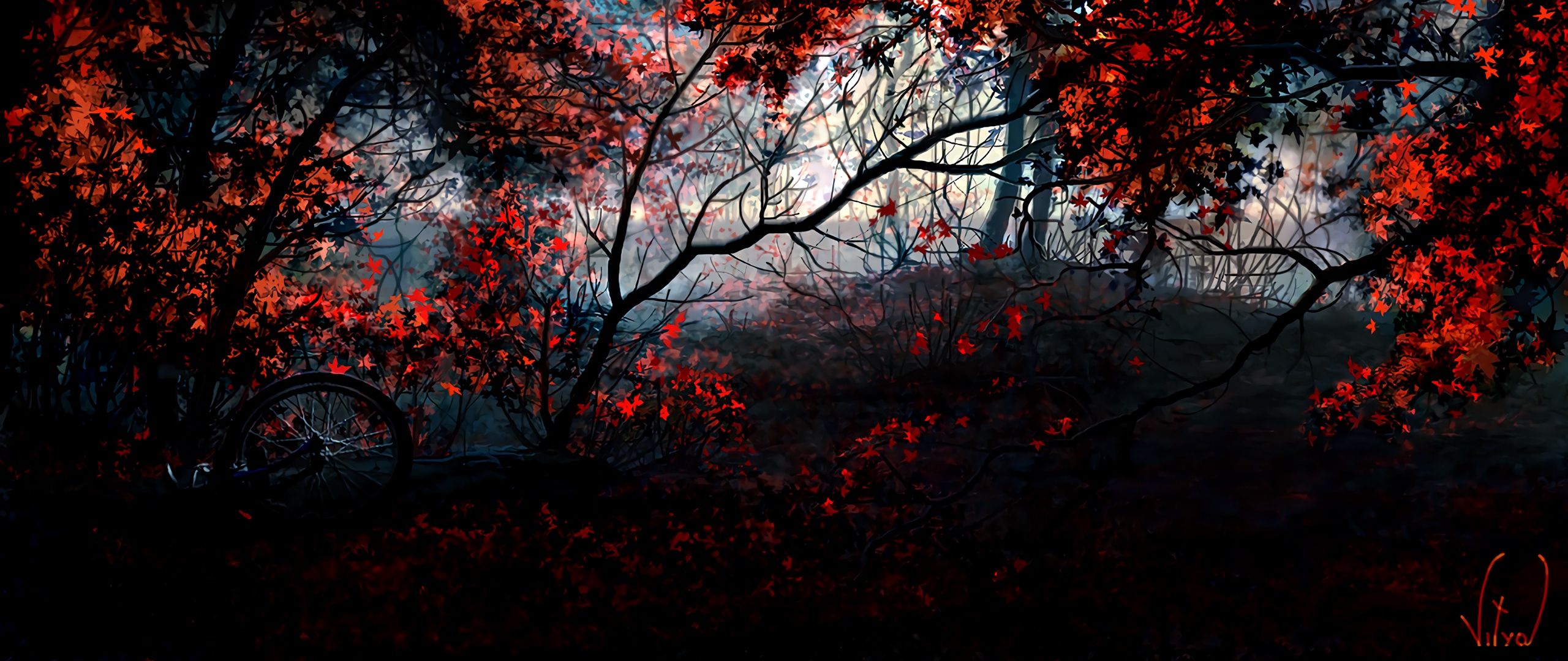 Download wallpaper 2560x1080 trees, autumn, forest, bike, art dual