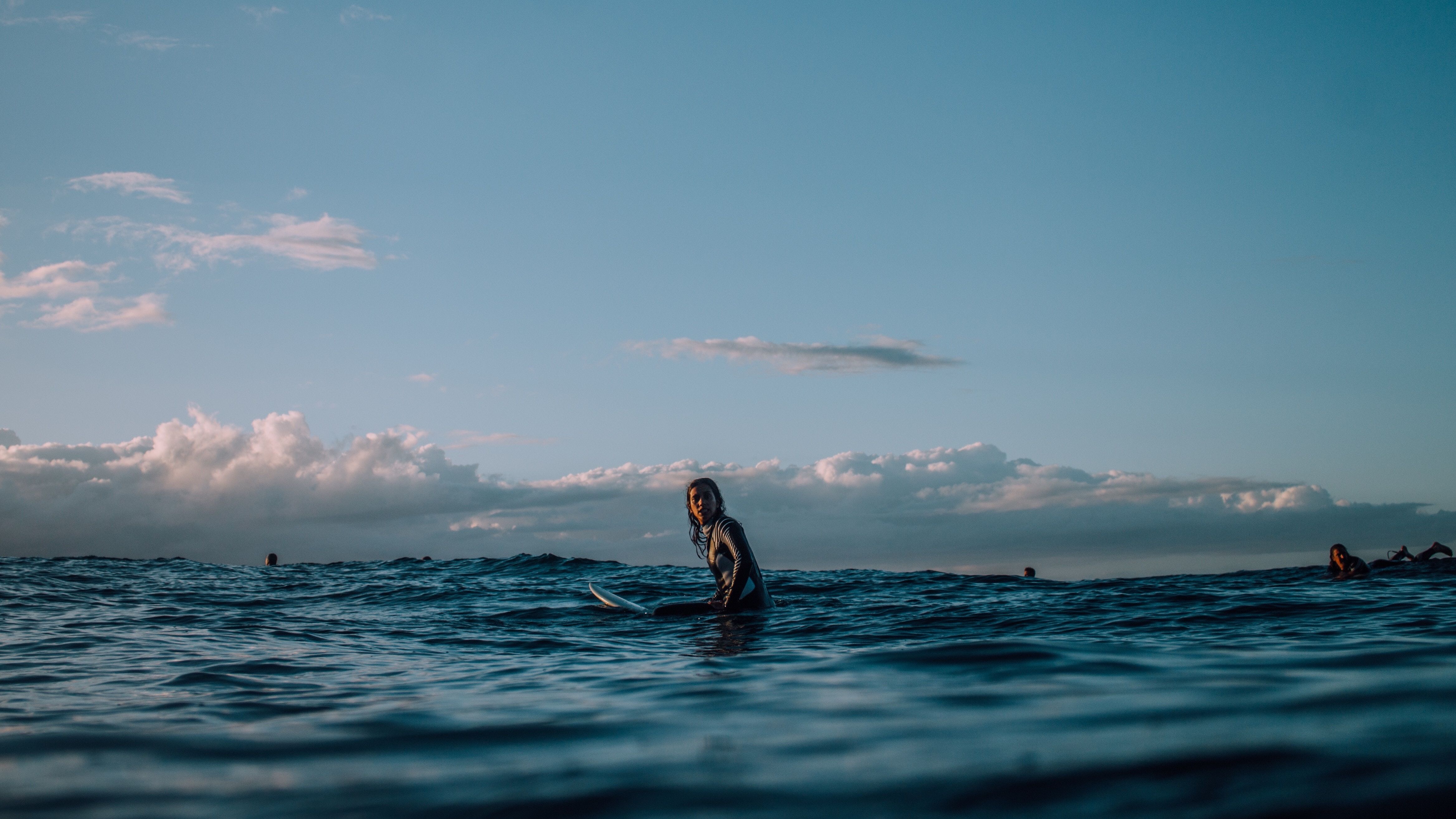 4674x2629 #sea, #woman, #surfing, #water, #wetsuit
