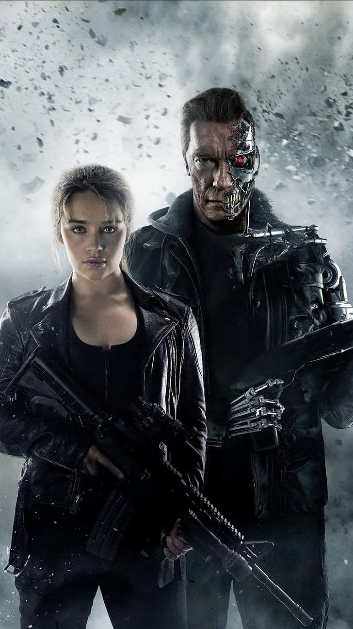 HD wallpaper: Terminator Genisys Magazine man and woman holding rifle movie wallpaper