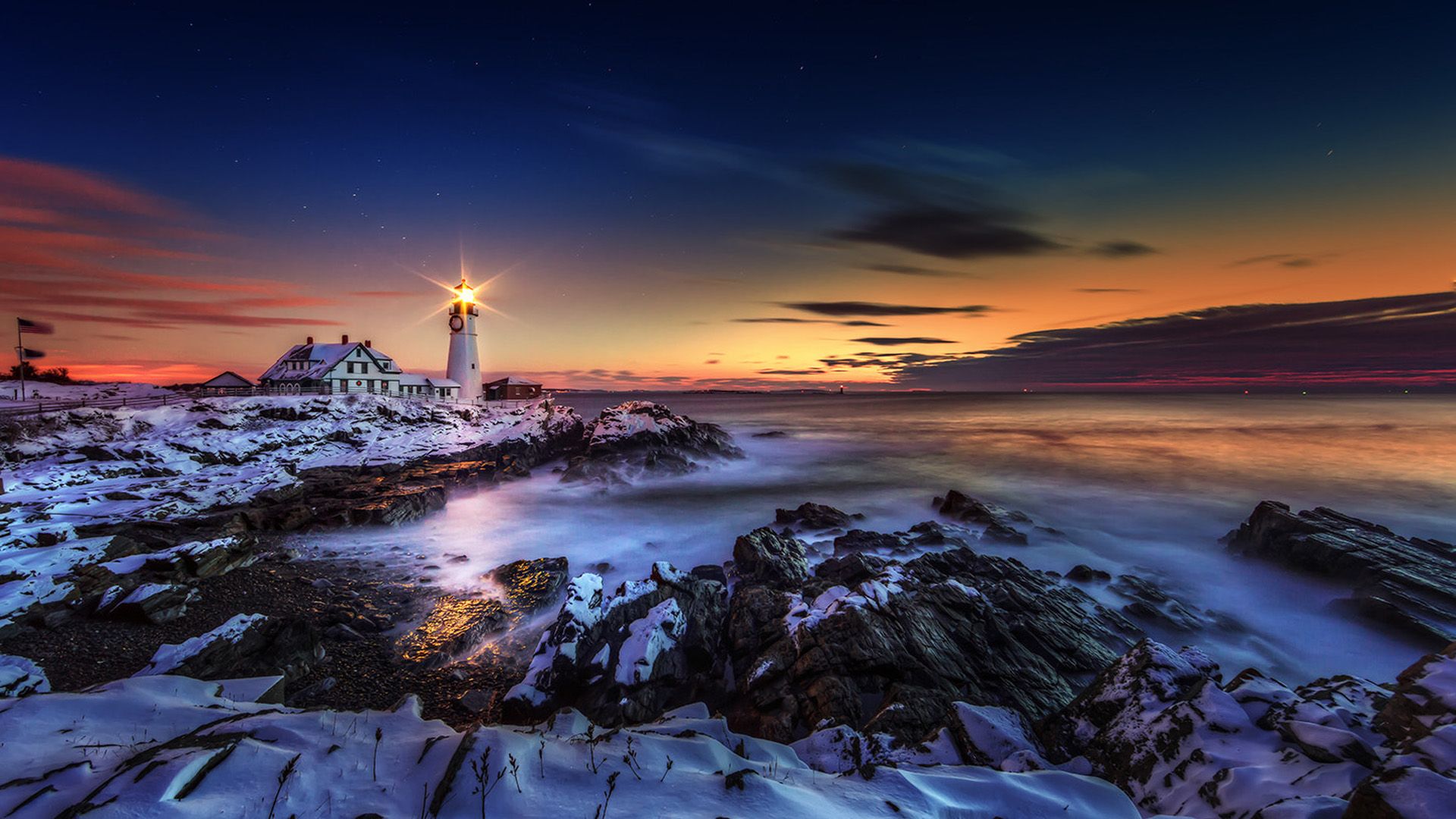 Wallpaper of Horizon, Lighthouse, Ocean, Sunset, Winter background