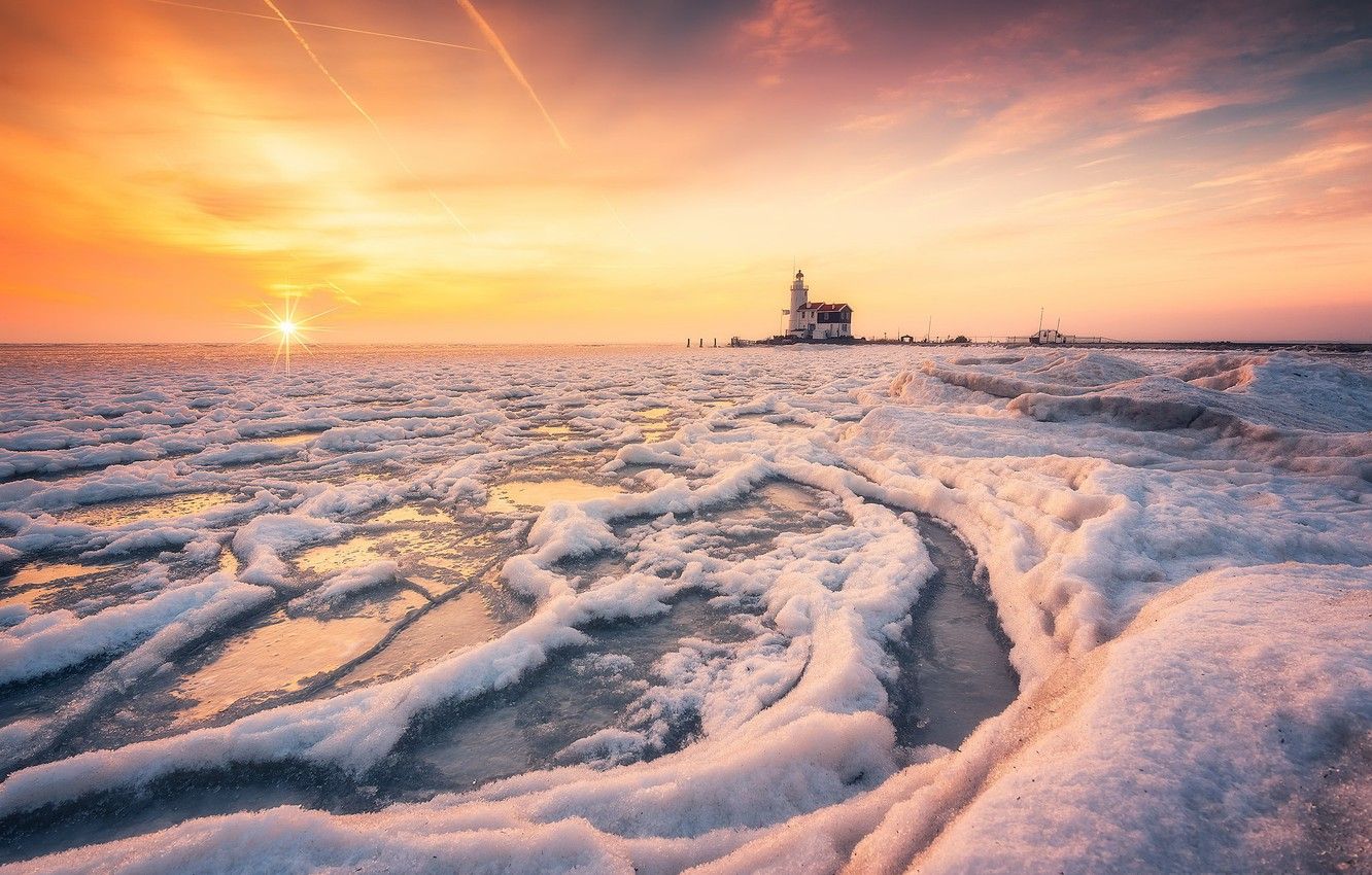 Wallpaper winter, sea, sunset, shore, lighthouse image