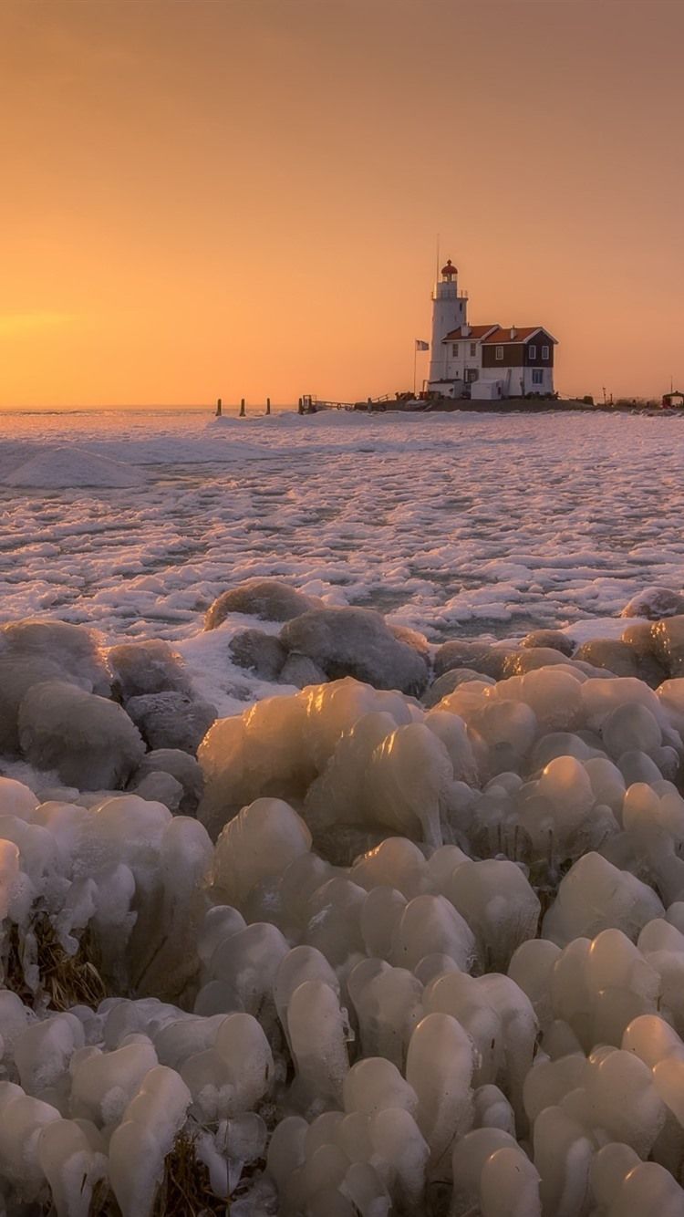 Winter, Snow, Ice, Sea, Lighthouse, Sunset 750x1334 IPhone 8 7 6