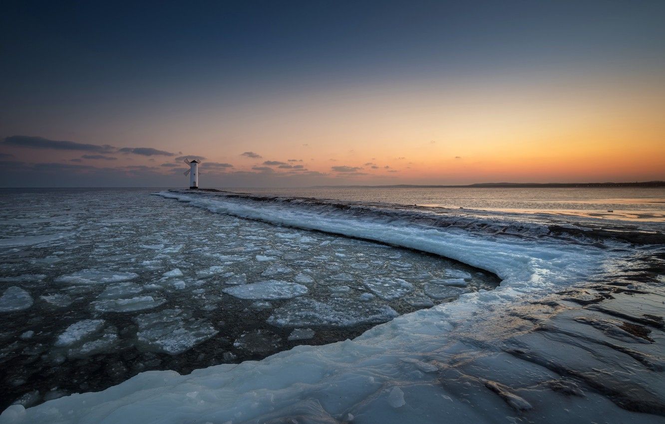 Wallpaper winter, sea, sunset, shore, lighthouse, ice image
