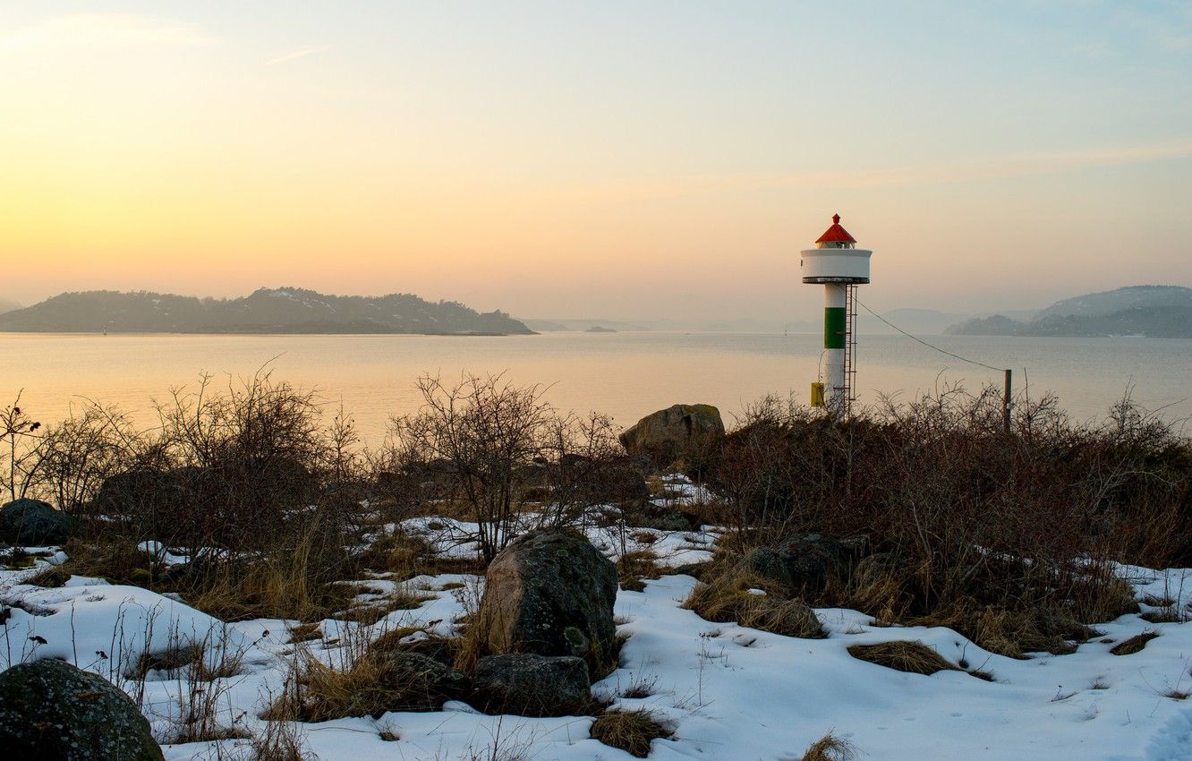 Wallpaper twilight, sea, sunset, winter, snow, dusk, lighthouse