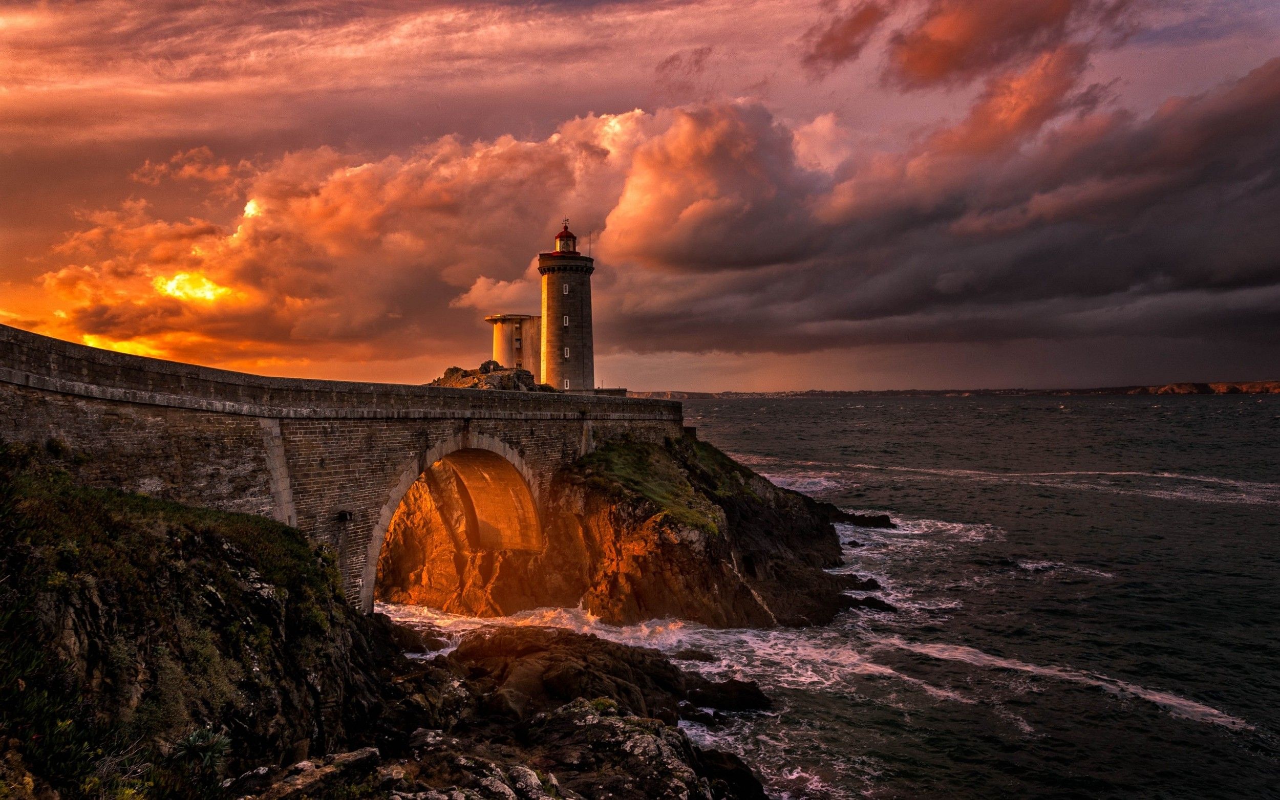 nature, Landscape, Lighthouse, Sunset, Clouds, Sea, Bridge, France