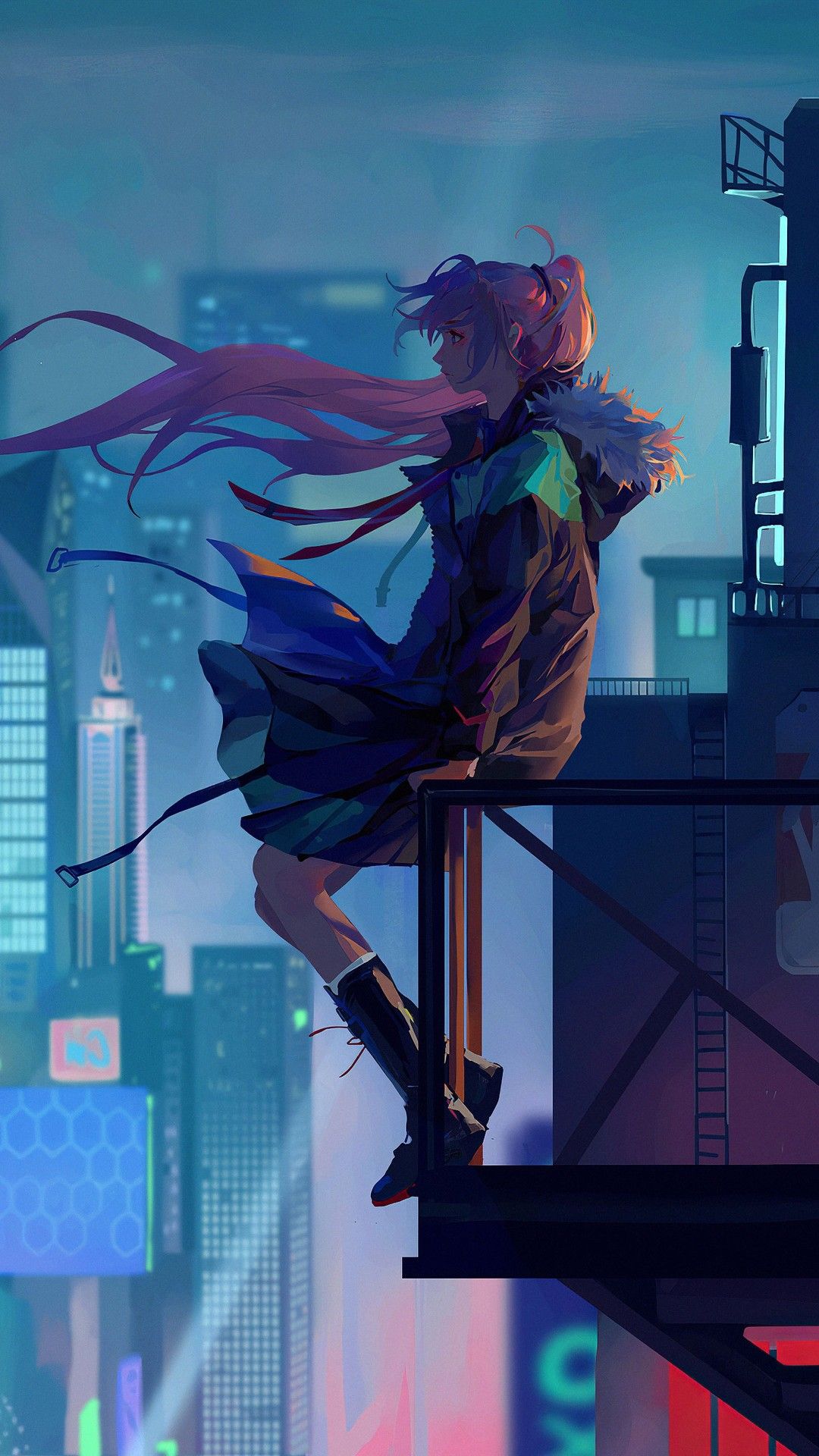 Premium AI Image  alone anime girl standing on building rooftop watching  the city sky scrapers during night sky