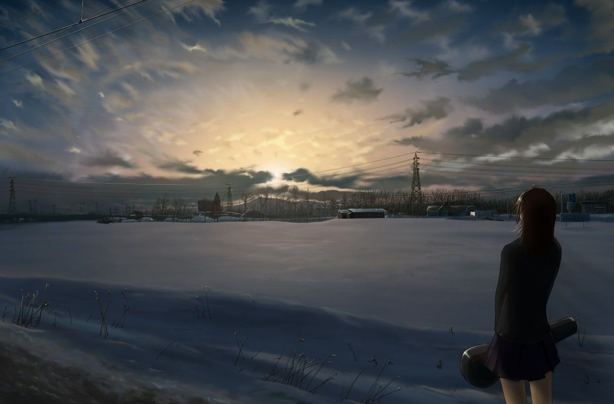 Landscape, anime girls, manga, snow, alone, sky, winter, HD