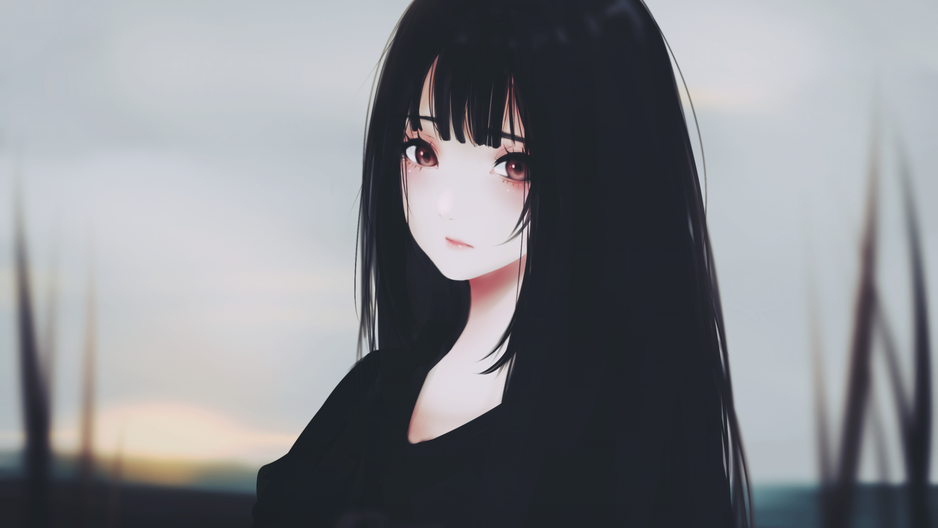 Download 1920x1080 Anime Girl, Black Hair, Sad Expression, Semi