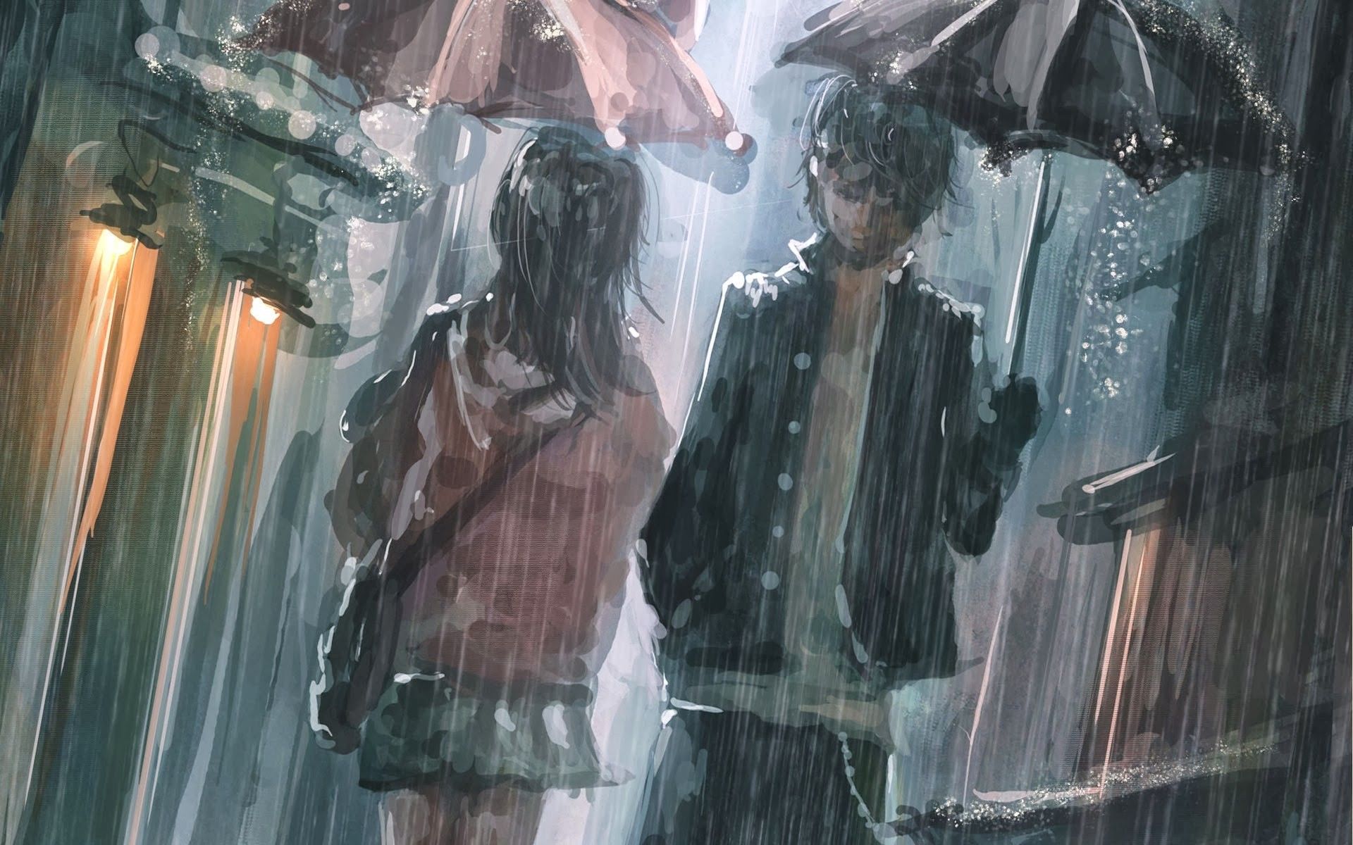 #anime boys, #umbrella, #artwork, #anime, #rain, #street