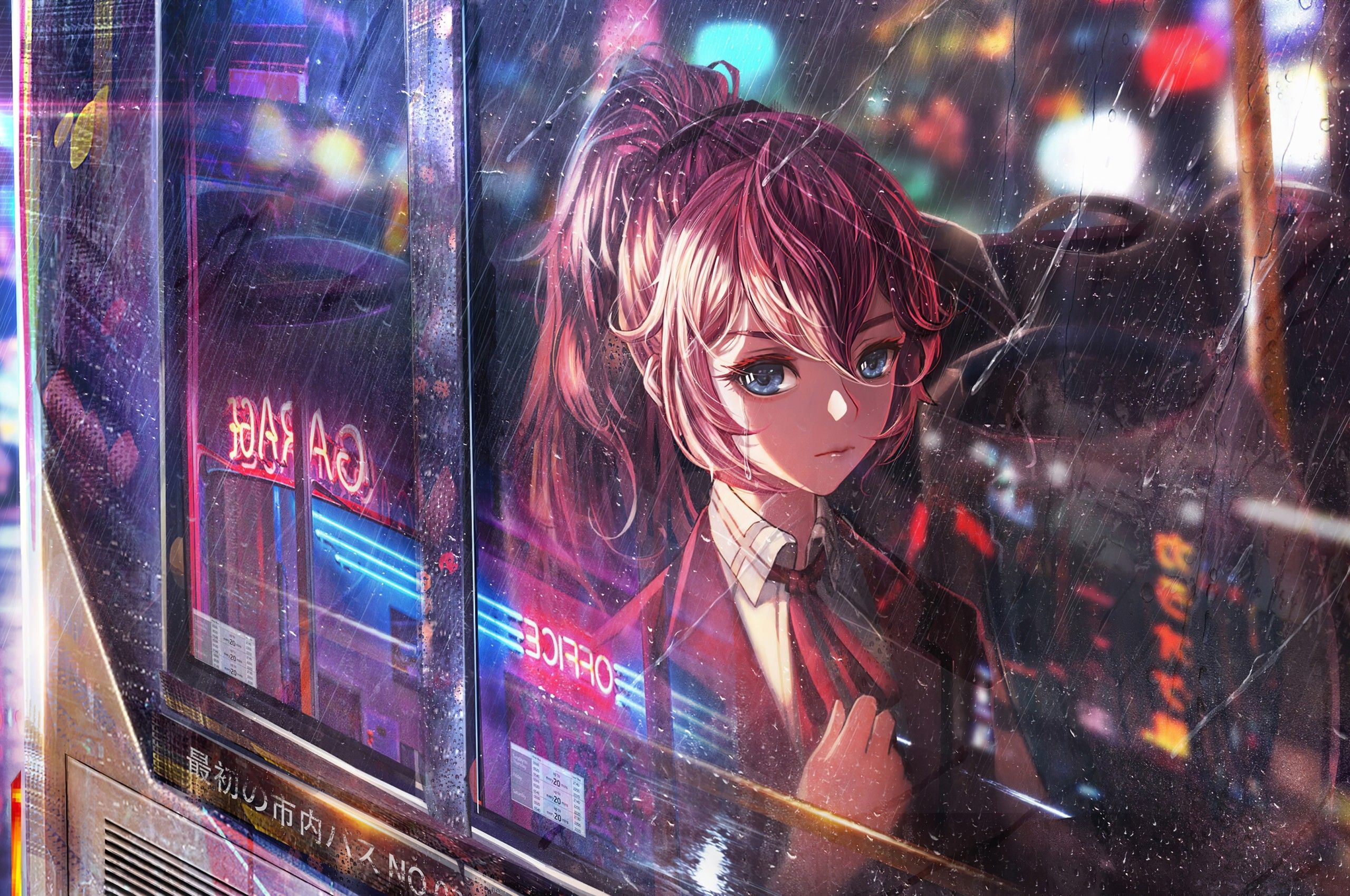 2560x1700 Anime Girl Bus Window Neon City 4k Chromebook Pixel HD