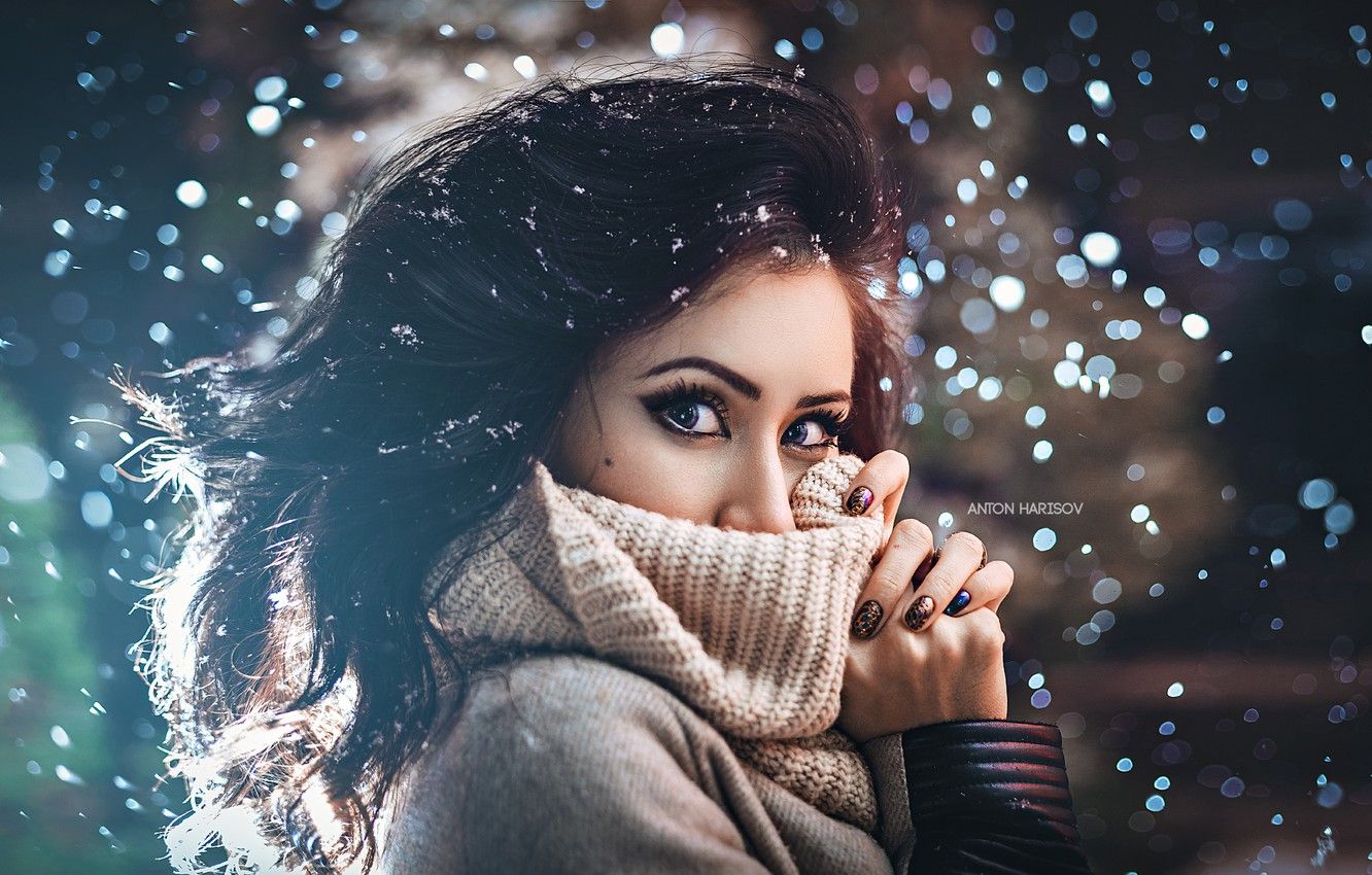 Wallpaper winter, look, snowflakes, background, model, portrait