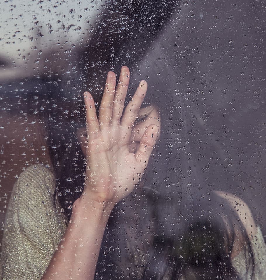 HD wallpaper: woman touch rainy glass, woman covering her face