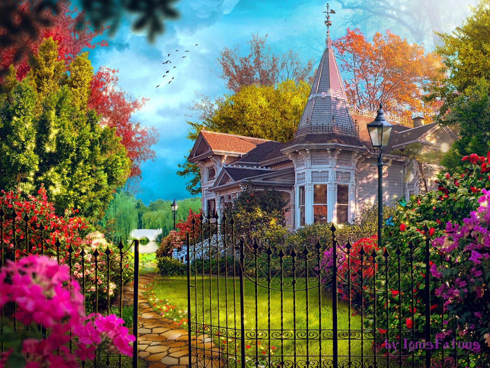 House and Garden in Spring Wallpaper