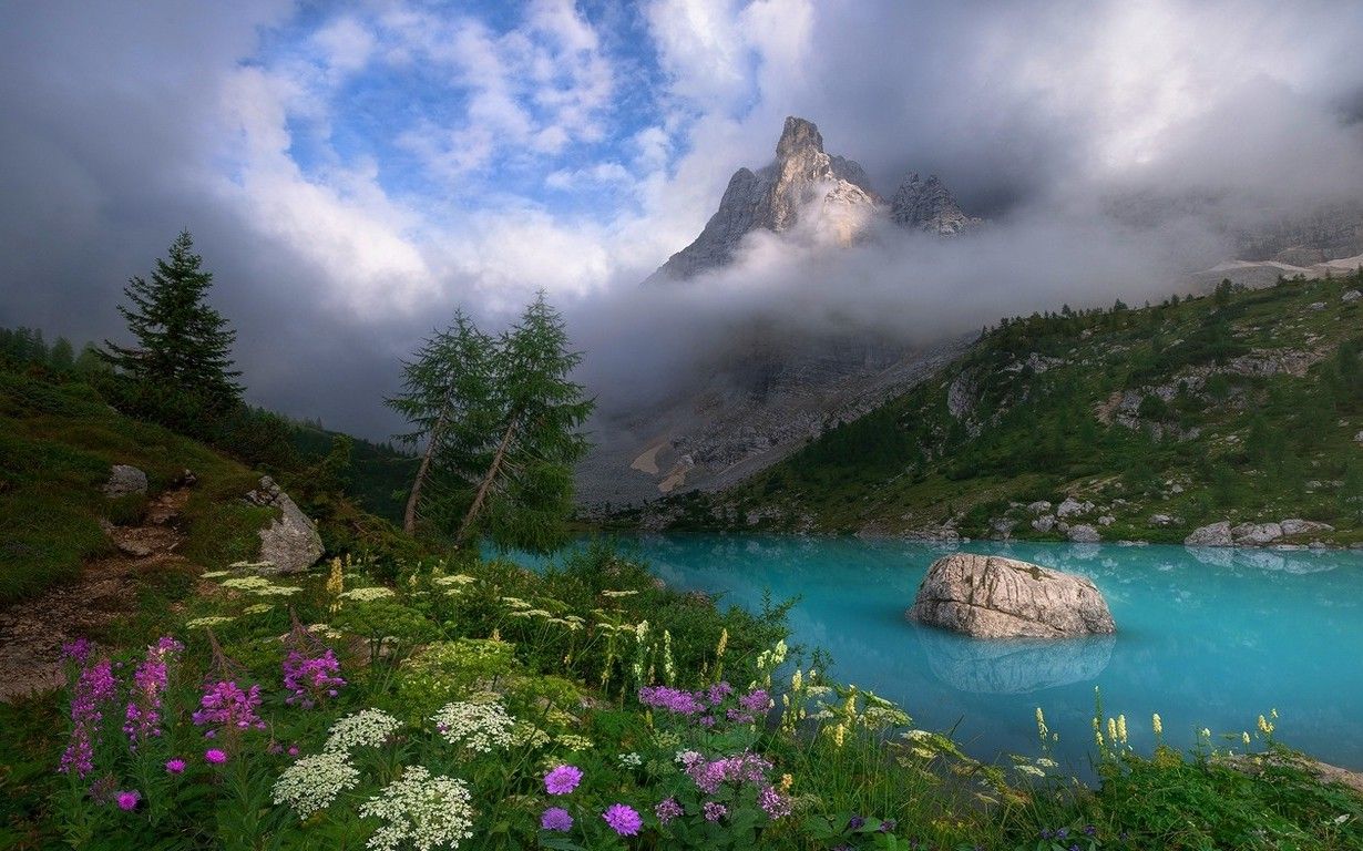 Dolomites (mountains), Italy, Spring, Mist, Lake, Wildflowers