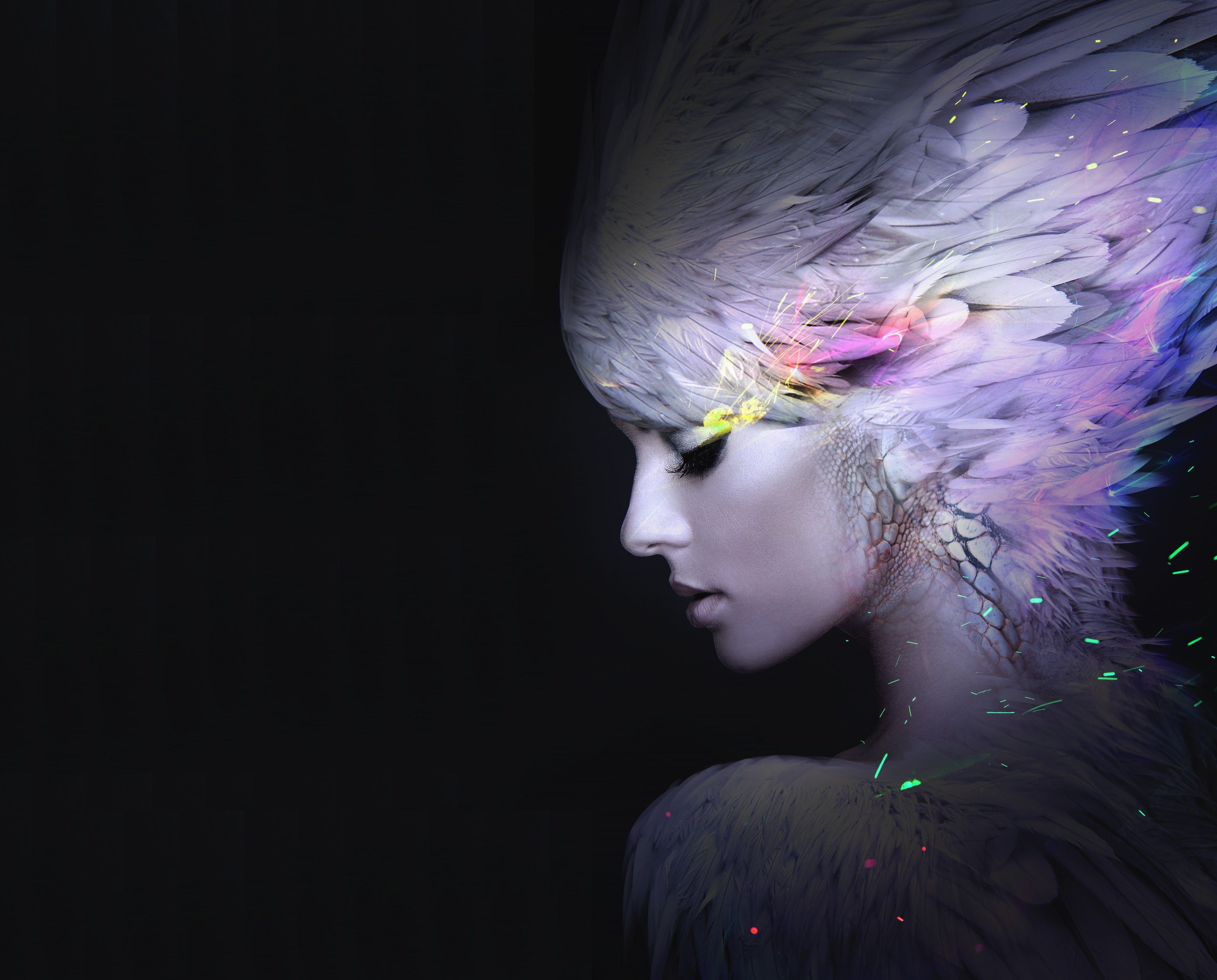 Wallpaper Girl, Feathers, Makeup, Beautiful, AMOLED, HD, Creative