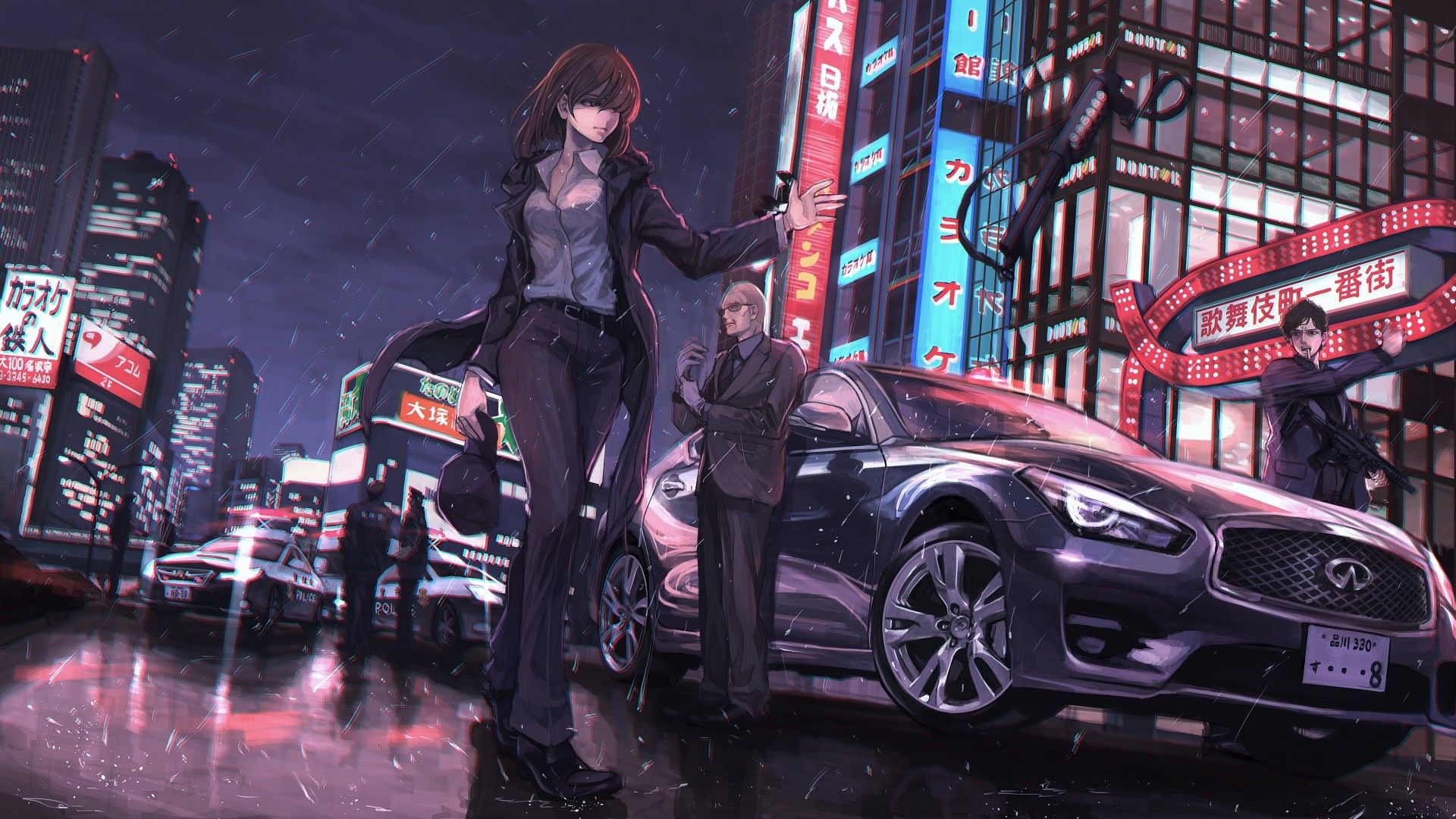 #weapon, #tie, #rain, #car, #anime girls, #water, #anime