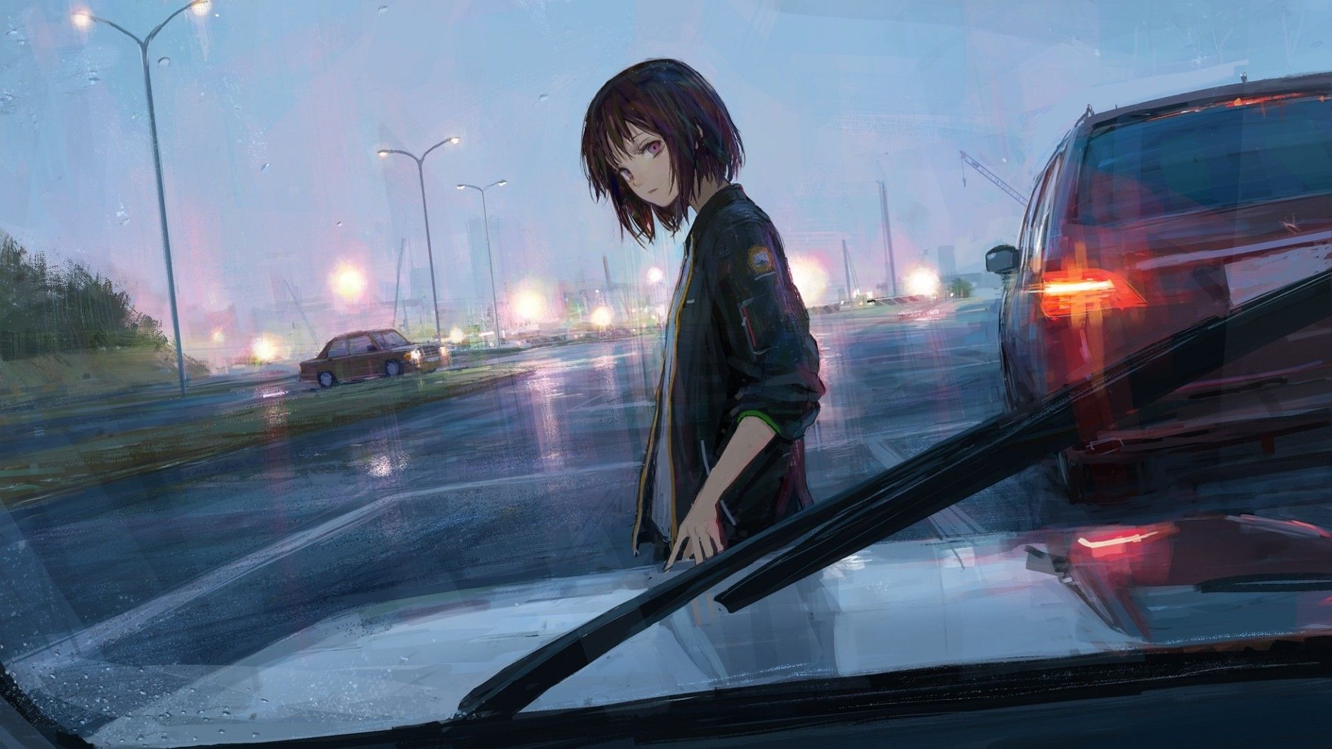 Download 1920x1080 Anime Girl, Cars, Painting, Road, Lights, Short Hair Wallpaper for Widescreen
