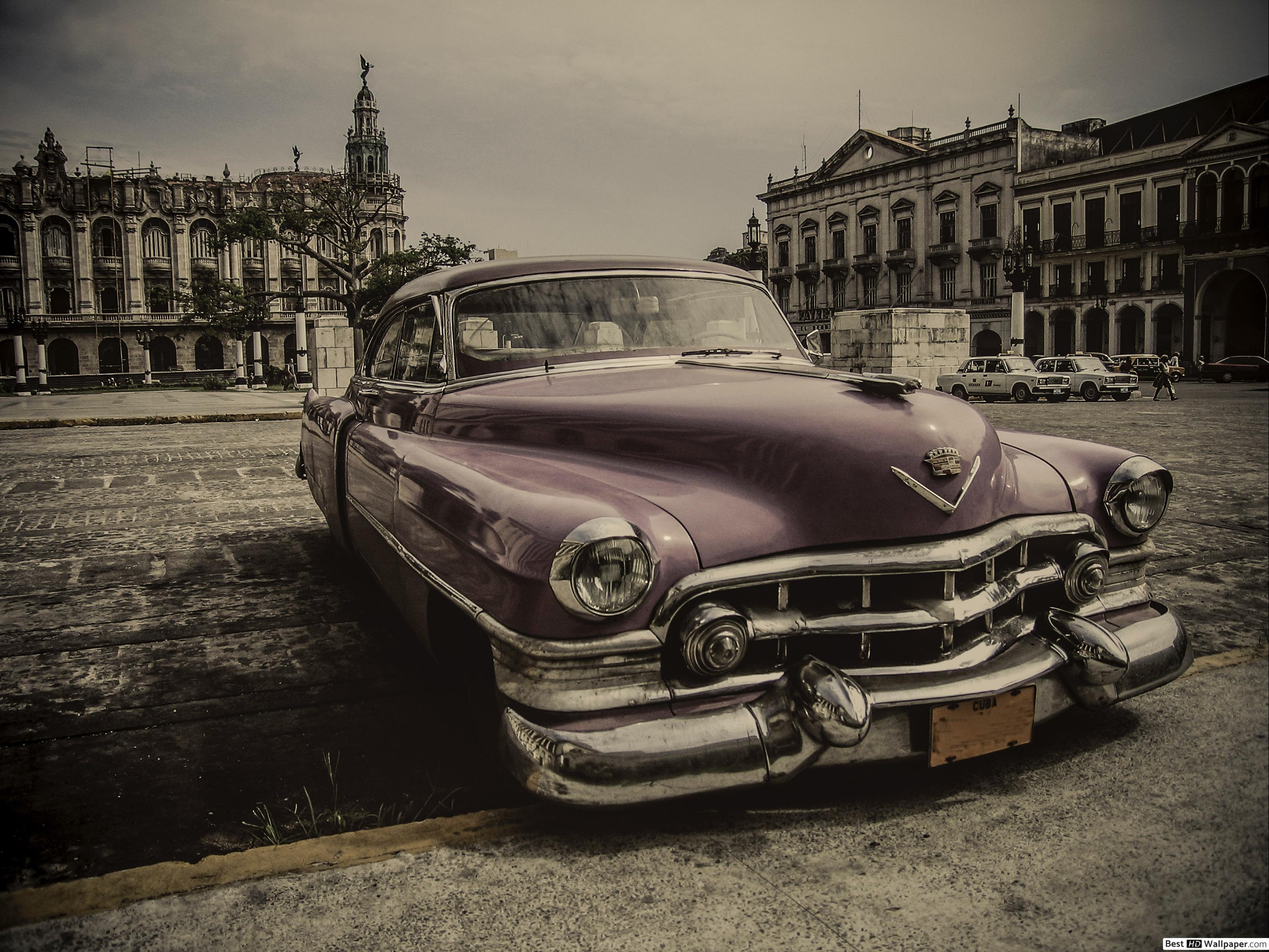 Purple classic car parked in front of building HD wallpaper download
