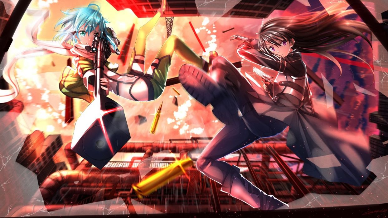 Anime girls pink gun sword battle wallpaperx1080