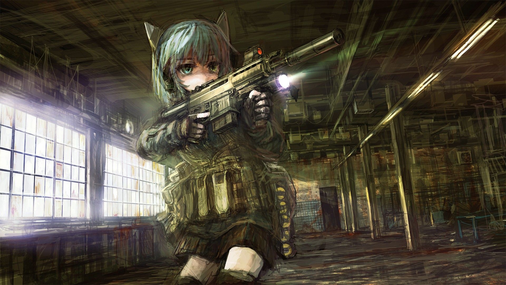 op center, Anime, Anime girls, Gun, Machine gun Wallpaper HD
