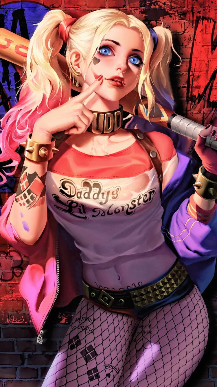 Download Harley Quinn, villain, DC comics, art wallpaper, 750x1334