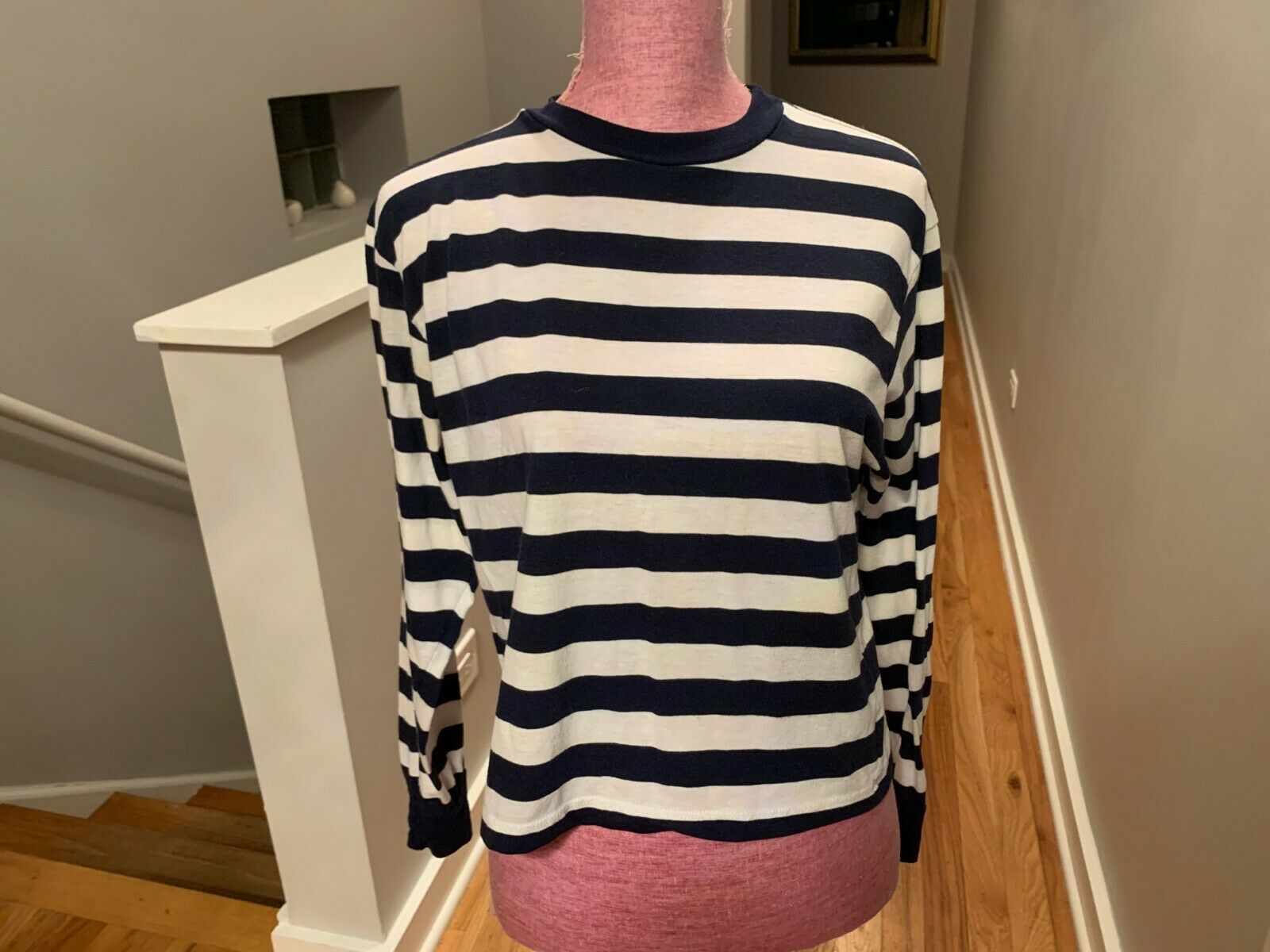 Brandy Melville Navy White Blue Striped Long Sleeve Crewneck