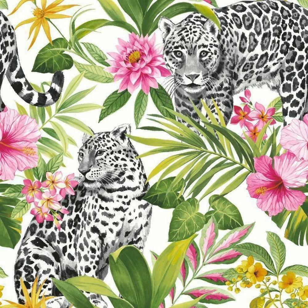 Tropical Jungle Leopard Wallpaper Black White Pink Green Palm