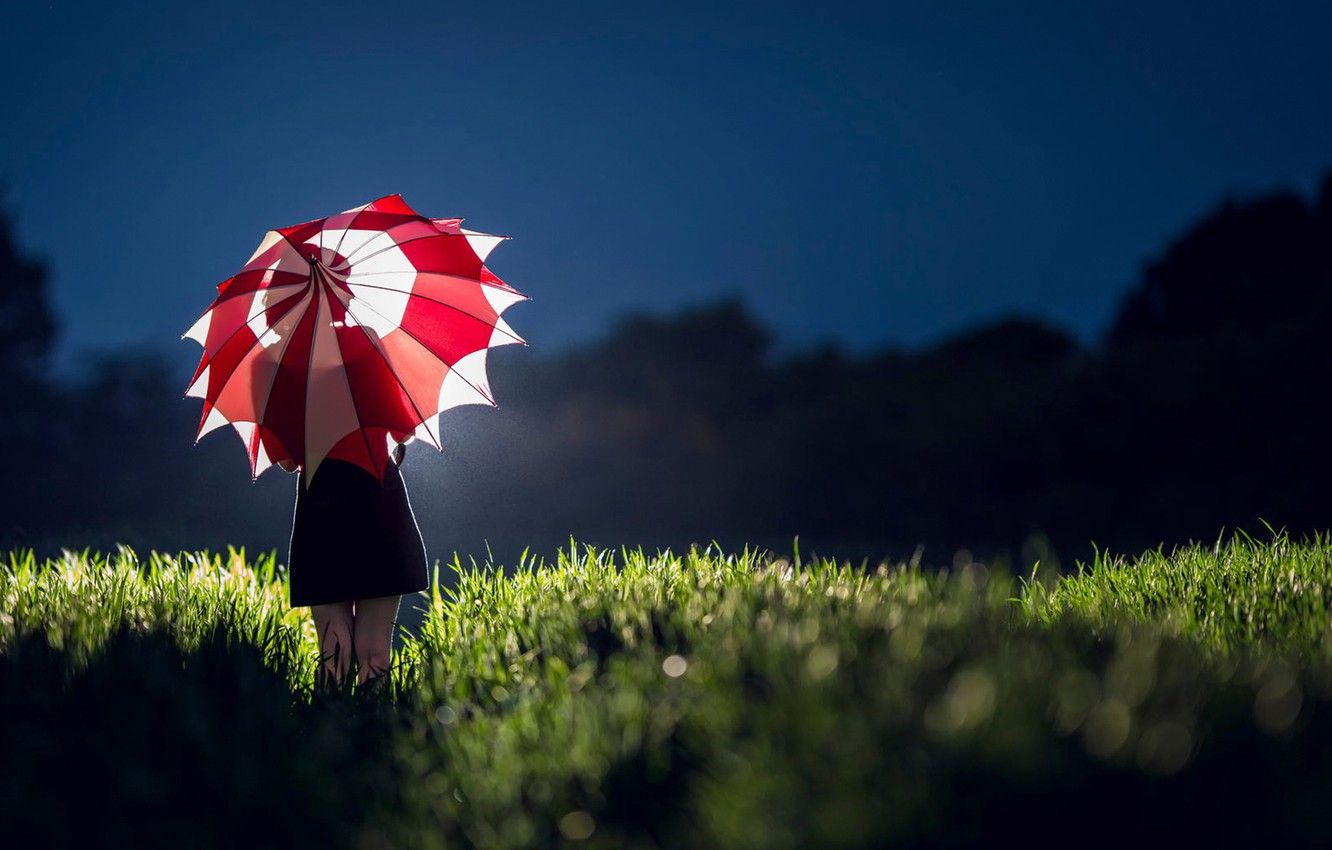 Wallpaper field, girl, light, umbrella, dress, silhouette image